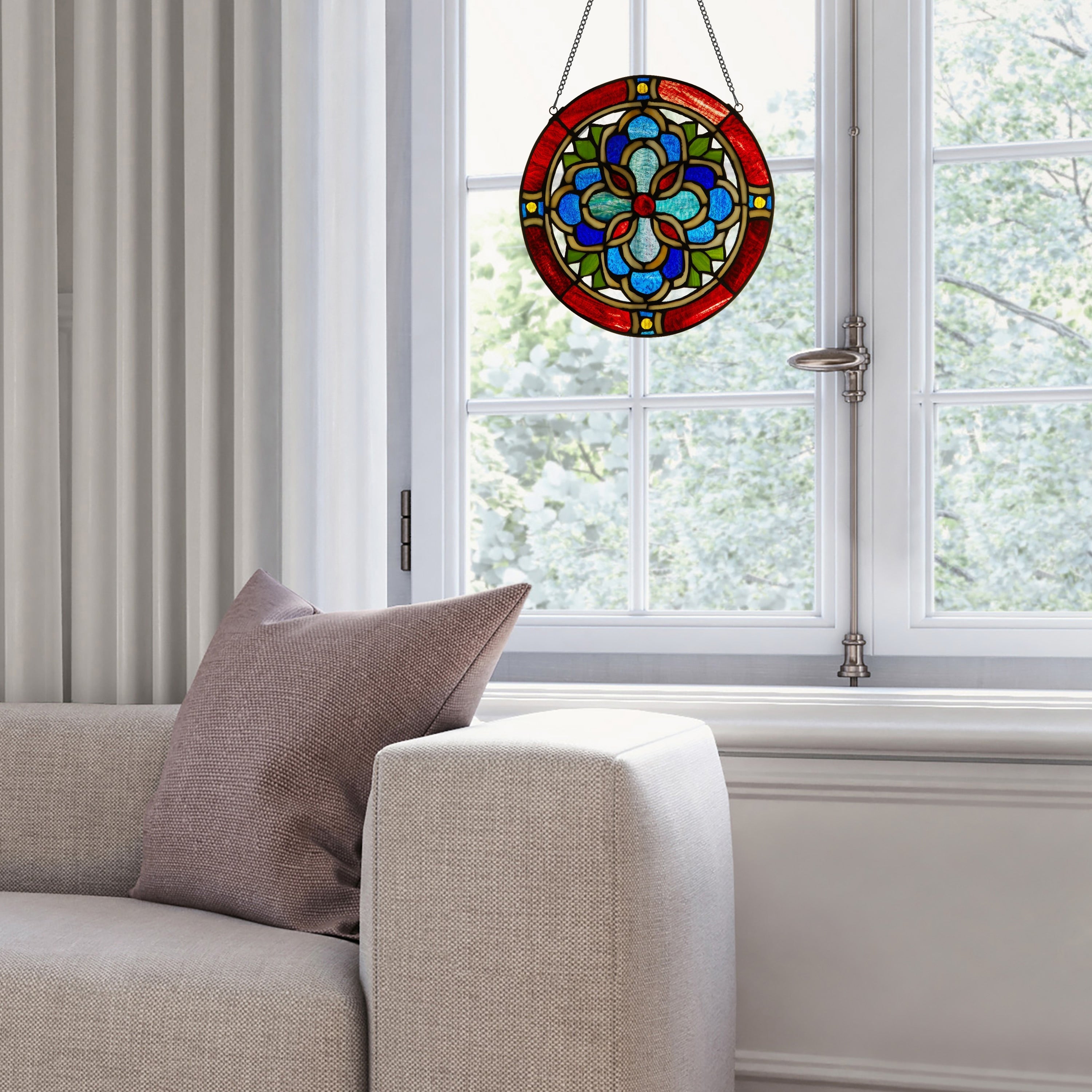 Geometric River of Goods Blue and Red Tiffany-Style Stained Glass Round Window Panel - 12 x 0.25 x 12