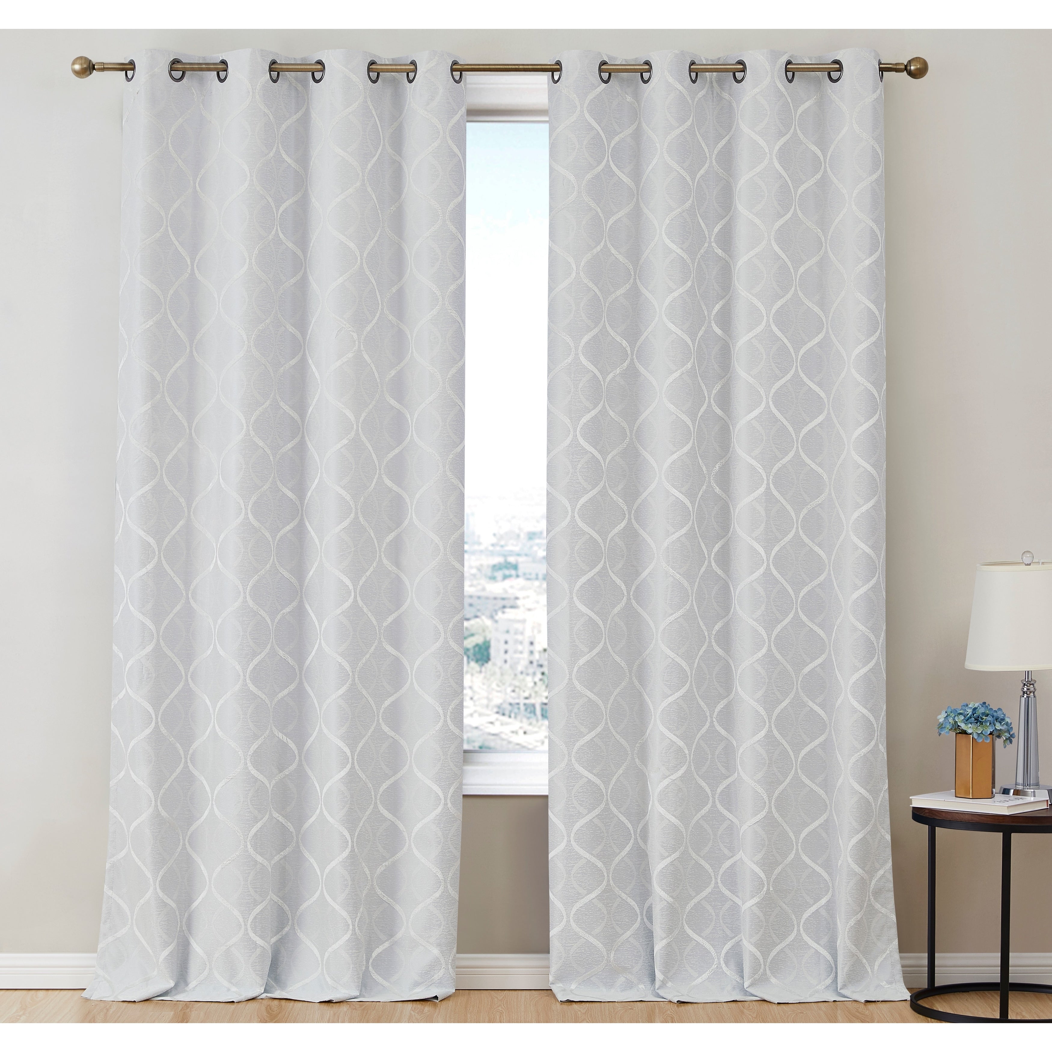 HLC.me Lattice Flocked 100% Complete Blackout Thermal Insulated Window Curtain Grommet Panels - Set of 2