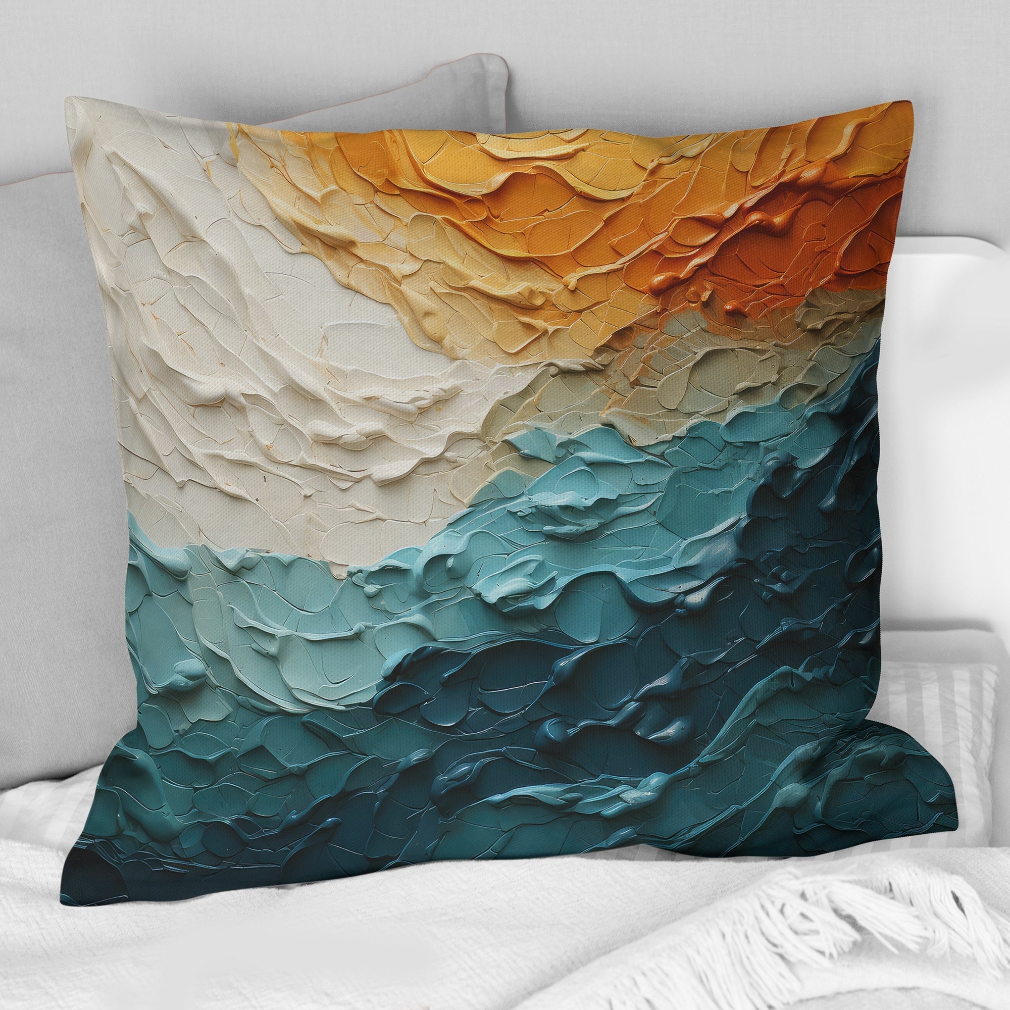 Designart Teal Orange Ocean Coastal Essence Collage Modern Printed Throw Pillow