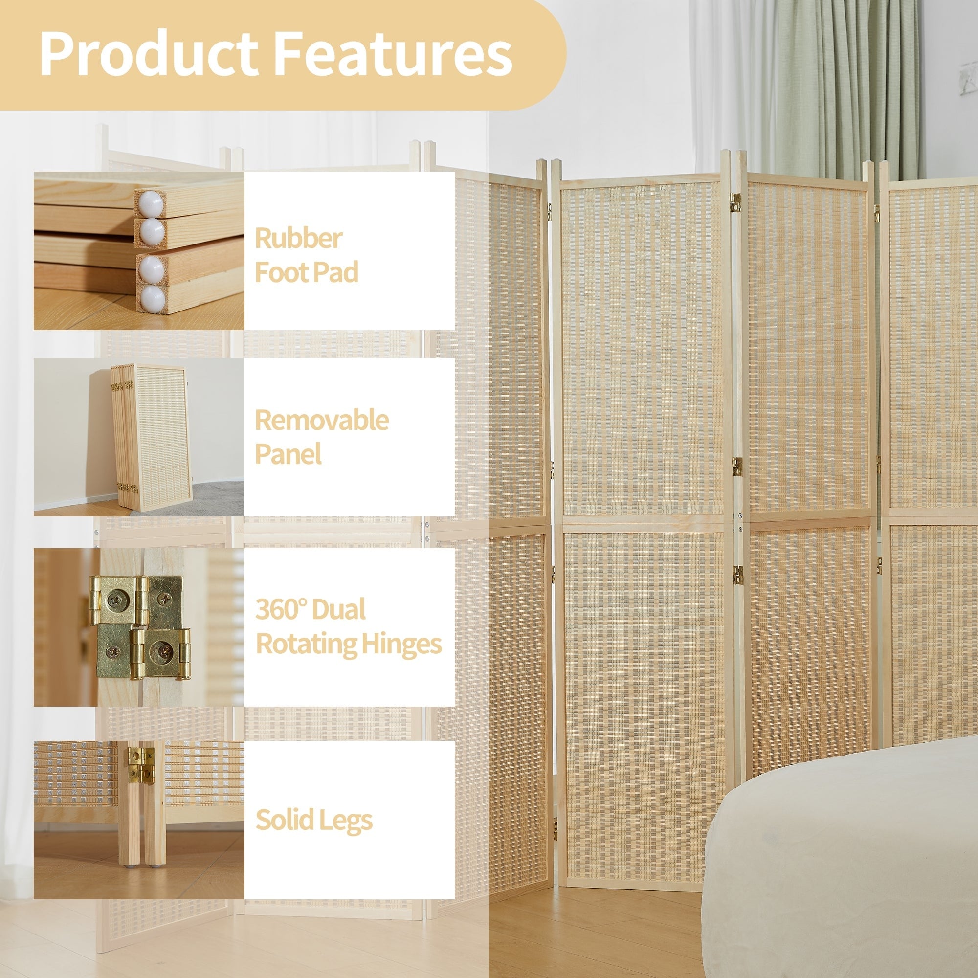 4/6 Panel Bamboo Room Divider 6 FT Detachable Wall Divider for Room Separation, Folding Privacy Screen