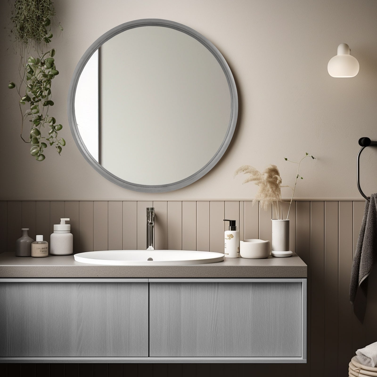 WallBeyond 28 Round Circle Wall Mirror (Grey, Wood or Walnut Colors) - 28 inches