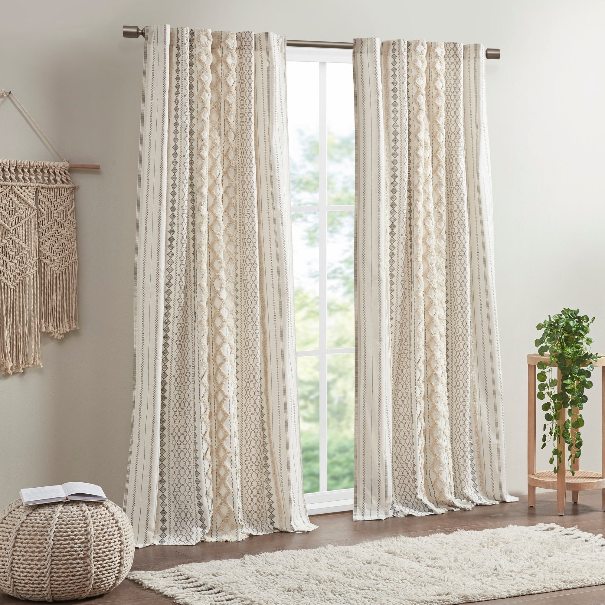 INK+IVY Imani Cotton Printed Curtain Panel with Chenille Stripe and Lining