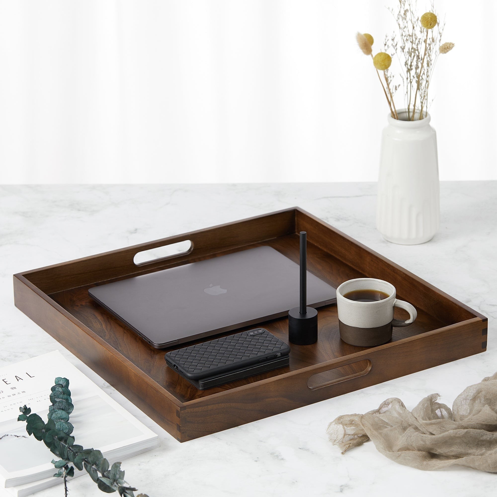 Square Black Walnut Wood Serving Tray Ottoman Tray with Handles