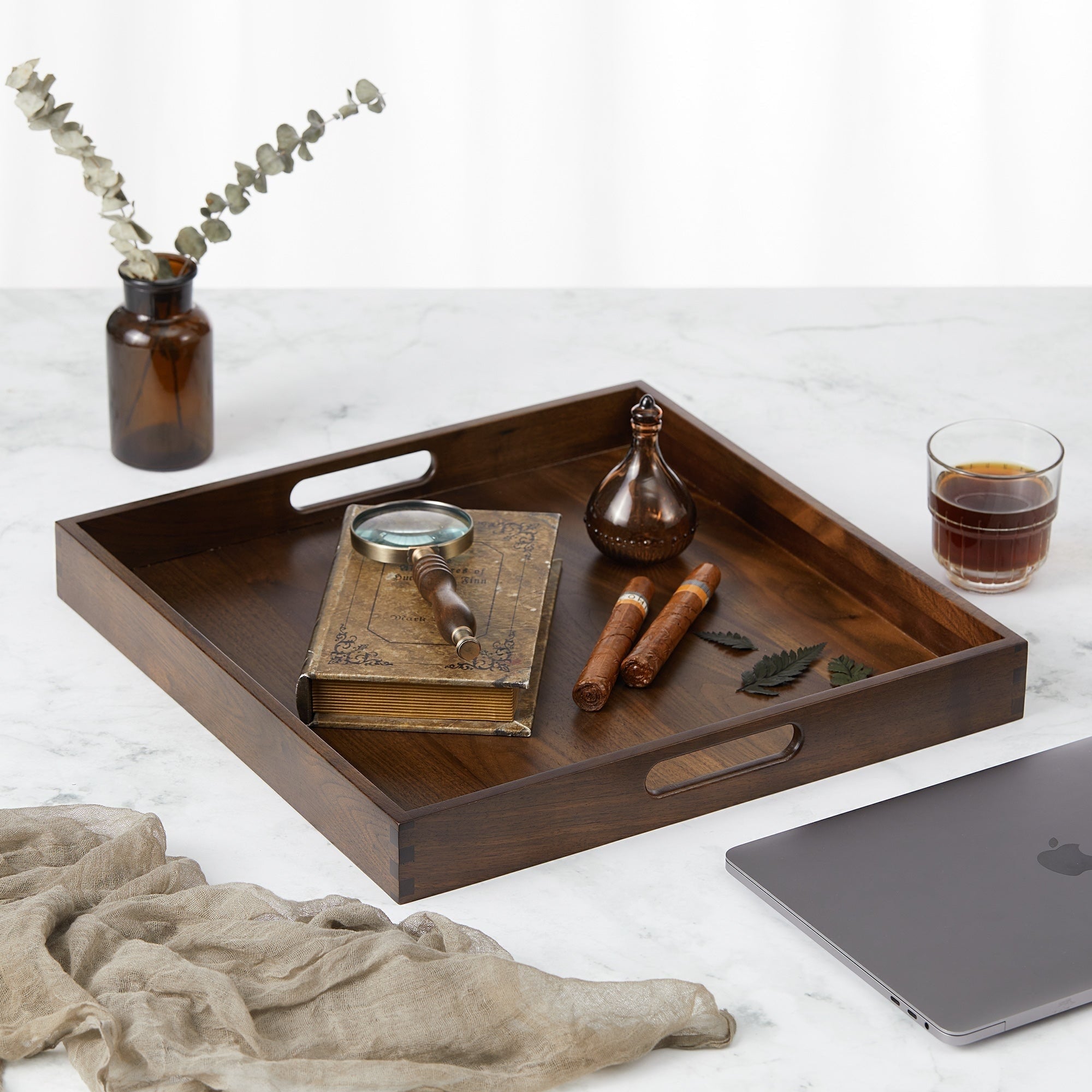 Square Black Walnut Wood Serving Tray Ottoman Tray with Handles