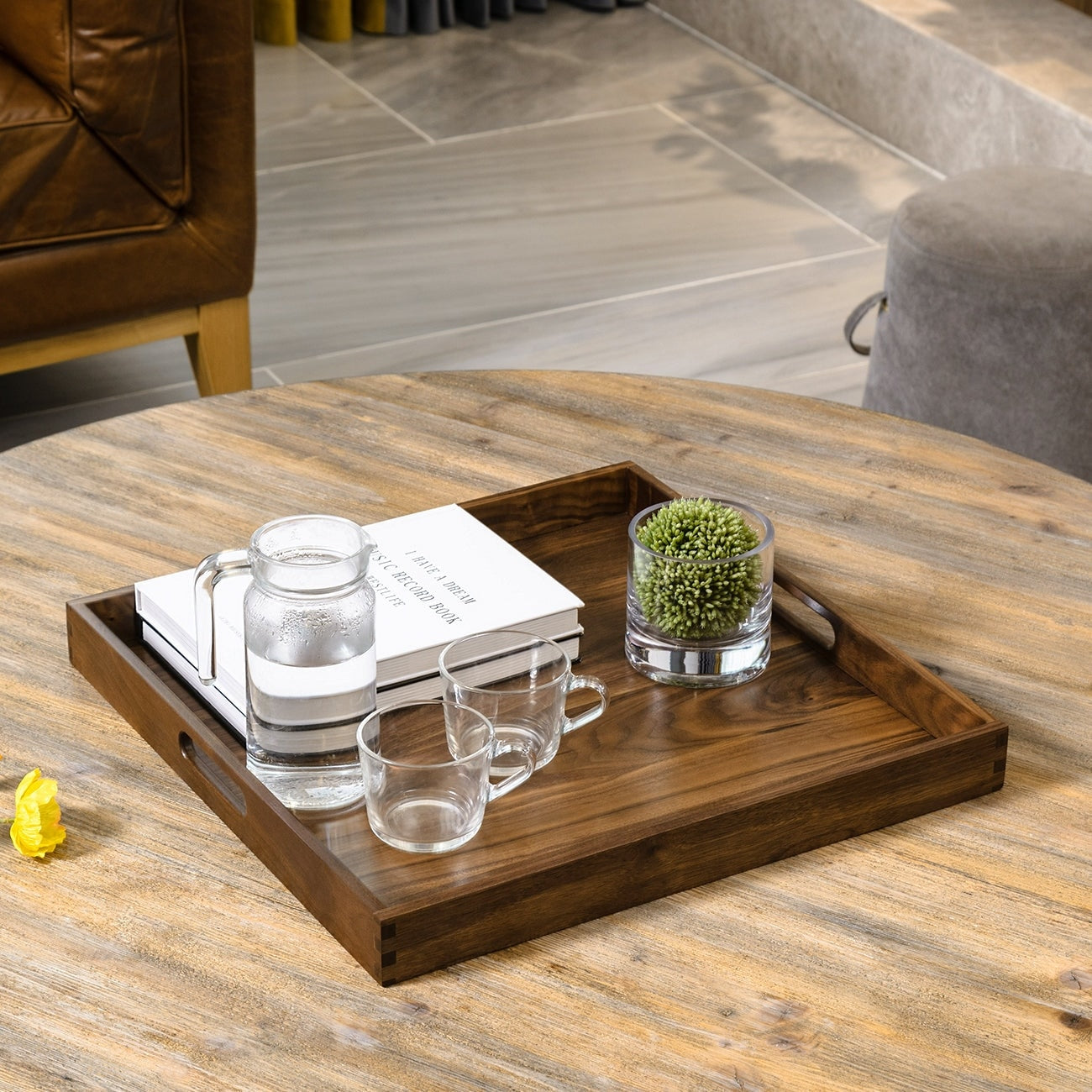 Square Black Walnut Wood Serving Tray Ottoman Tray with Handles