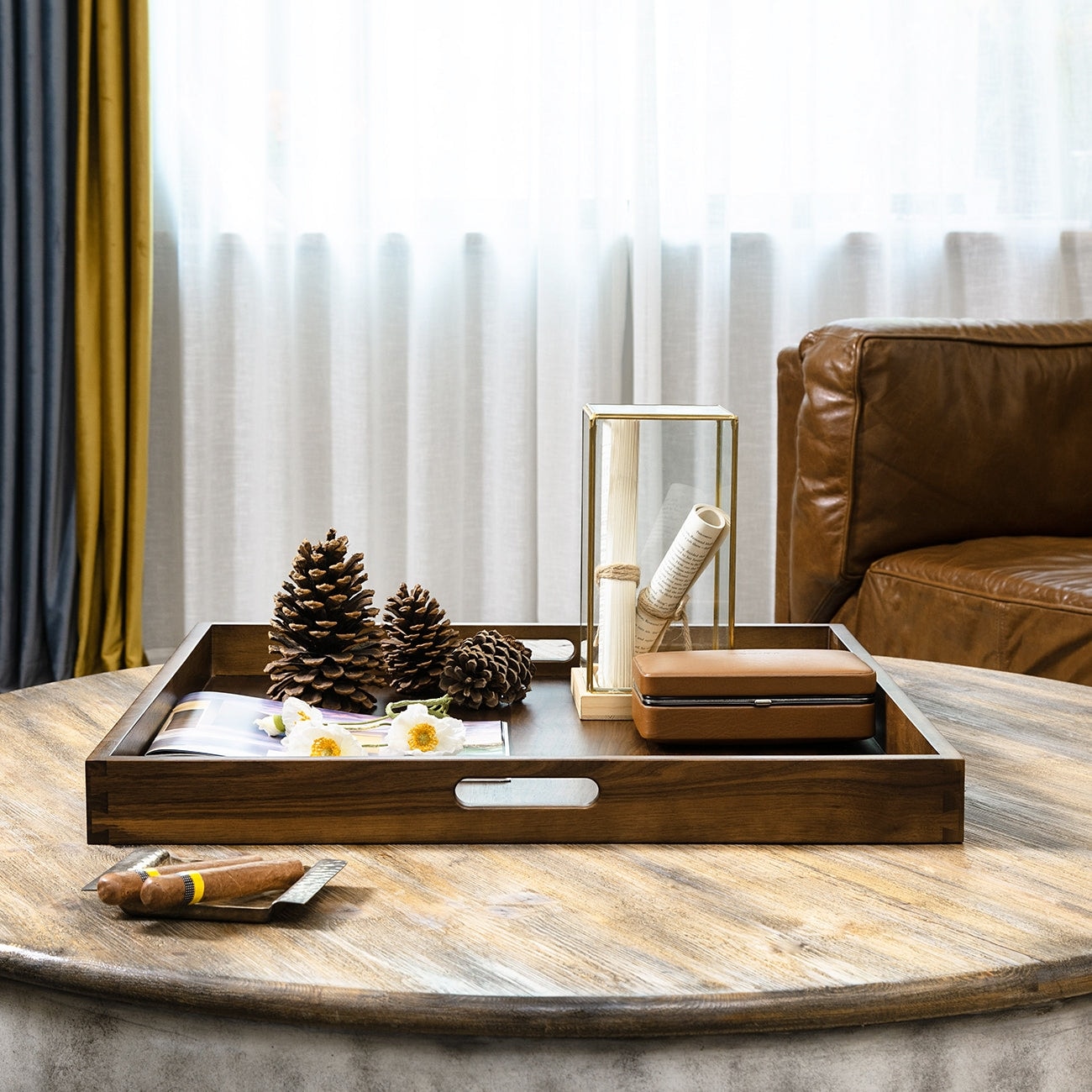 Square Black Walnut Wood Serving Tray Ottoman Tray with Handles