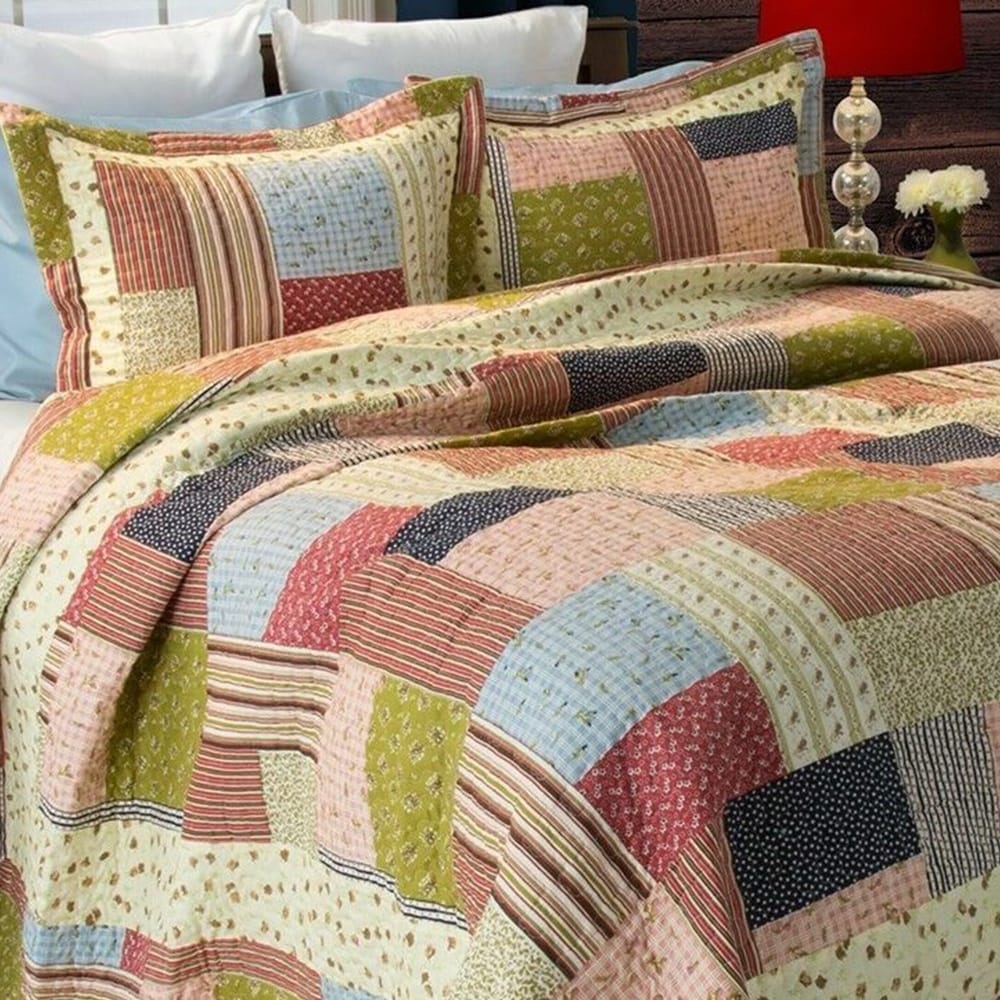 Colorful Patchwork Quilted Blanket Sham Farmhouse Country King