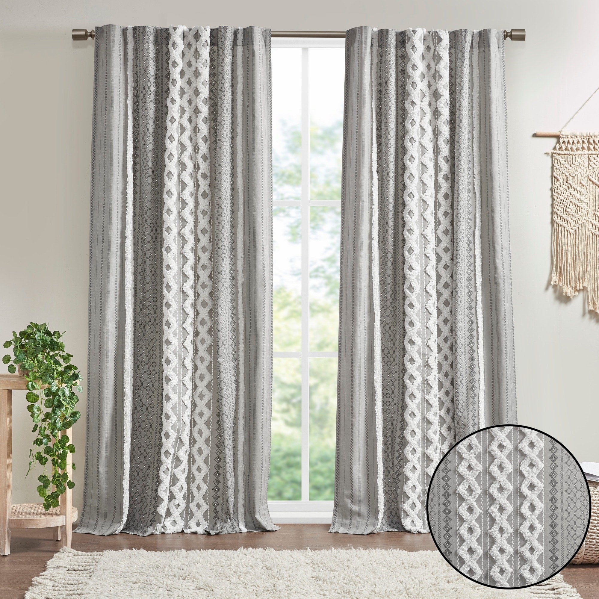 INK+IVY Imani Cotton Printed Curtain Panel with Chenille Stripe and Lining