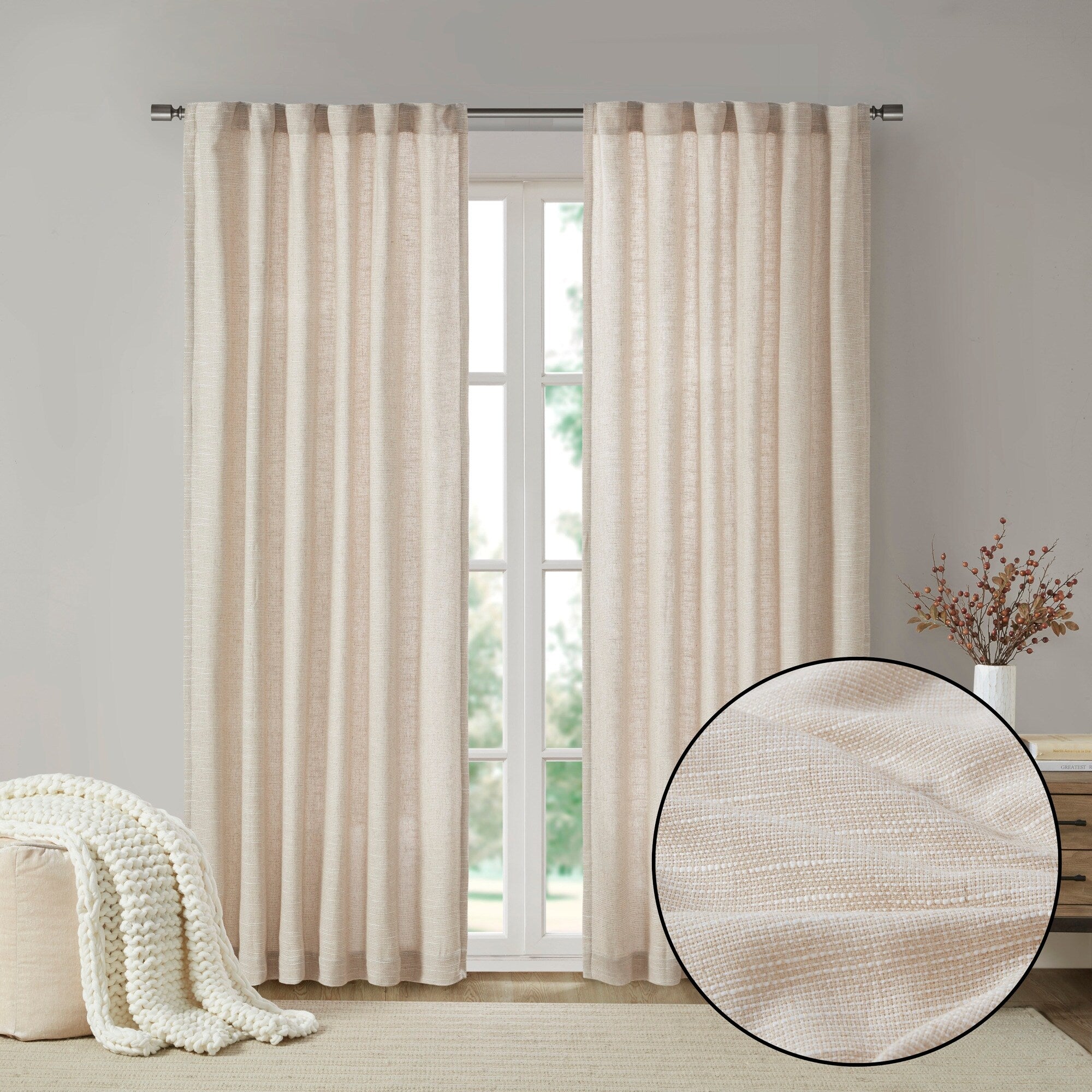 Madison Park Barnet Faux Linen Rod Pocket and Back Tab Fleece Lined Curtain Panel