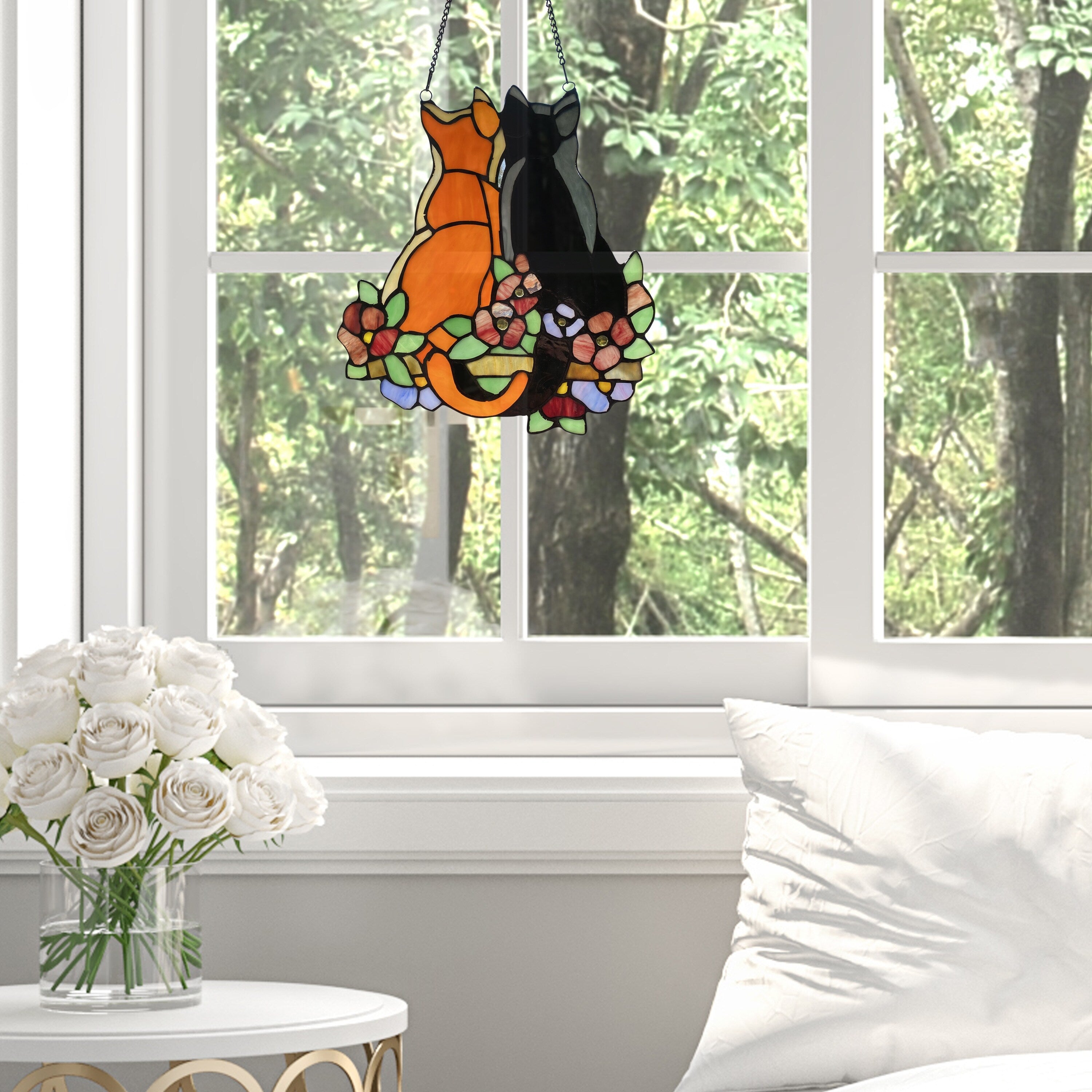 River of Goods 'Cats in the Garden' Multicolor Hand-cut Stained Glass Cabochon-accented 12.5-inch High Window Panel