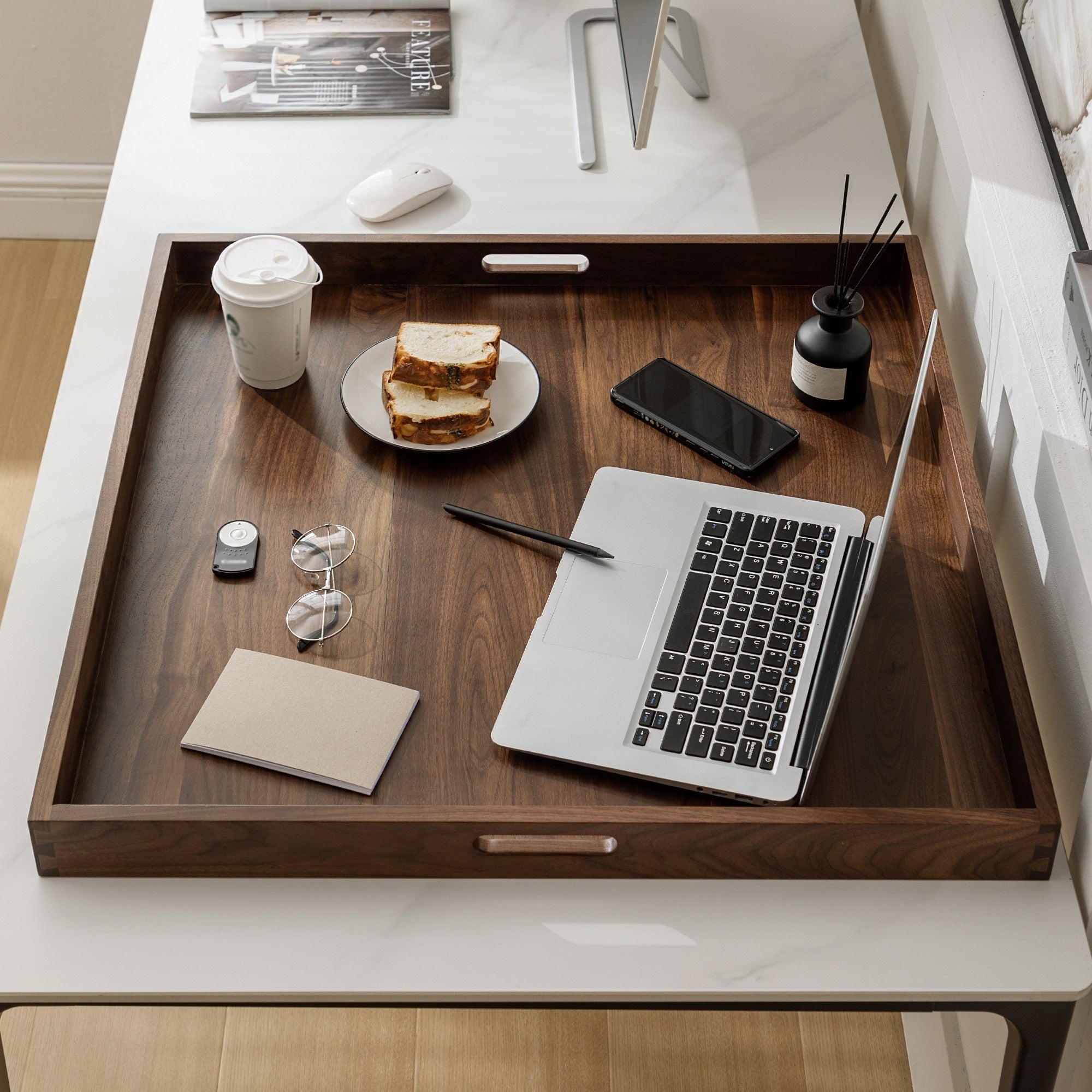 Square Black Walnut Wood Serving Tray Ottoman Tray with Handles