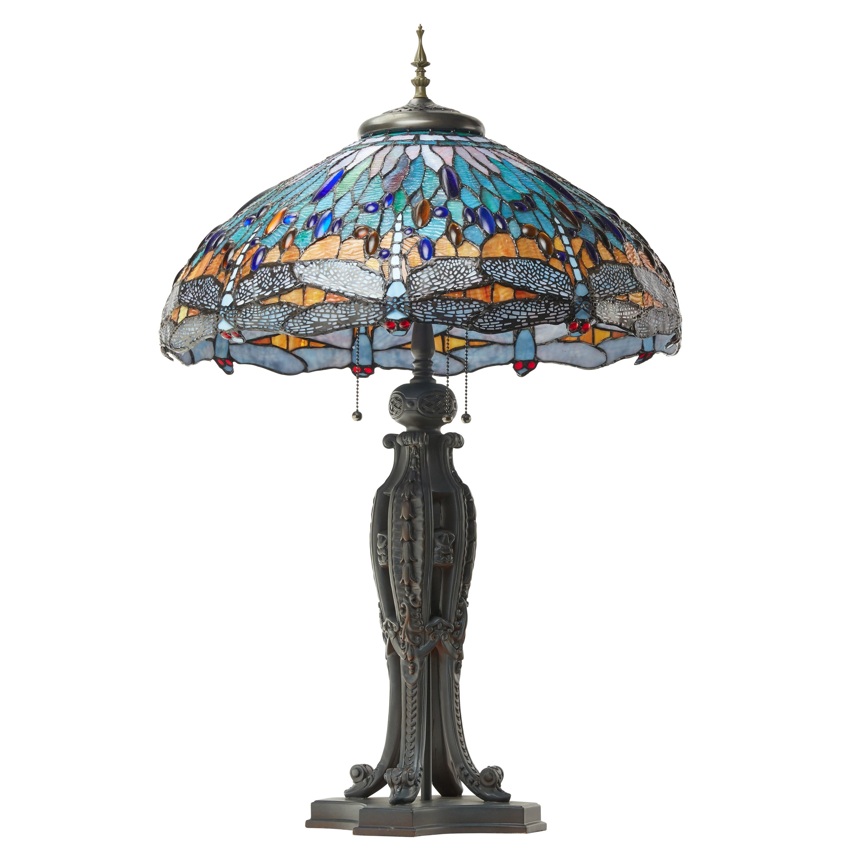 Multi Dragonflies River of Goods Tiffany-Style Multicolored Stained Glass 35-Inch Table Lamp - 22 x 22 x 35