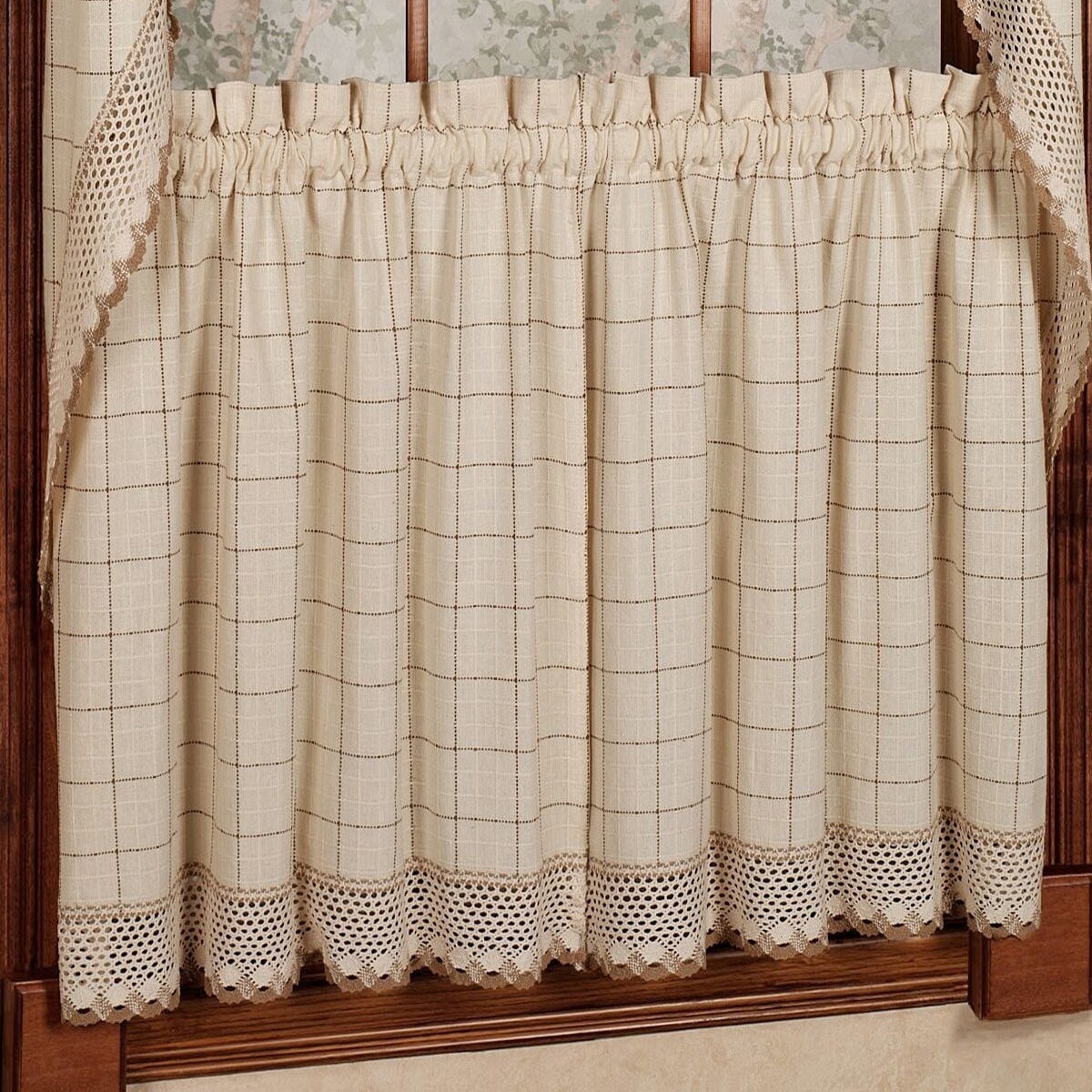 Cotton Classic Toast Window Pane Pattern and Crotchet Trim Tiers, Swags and Valance Options