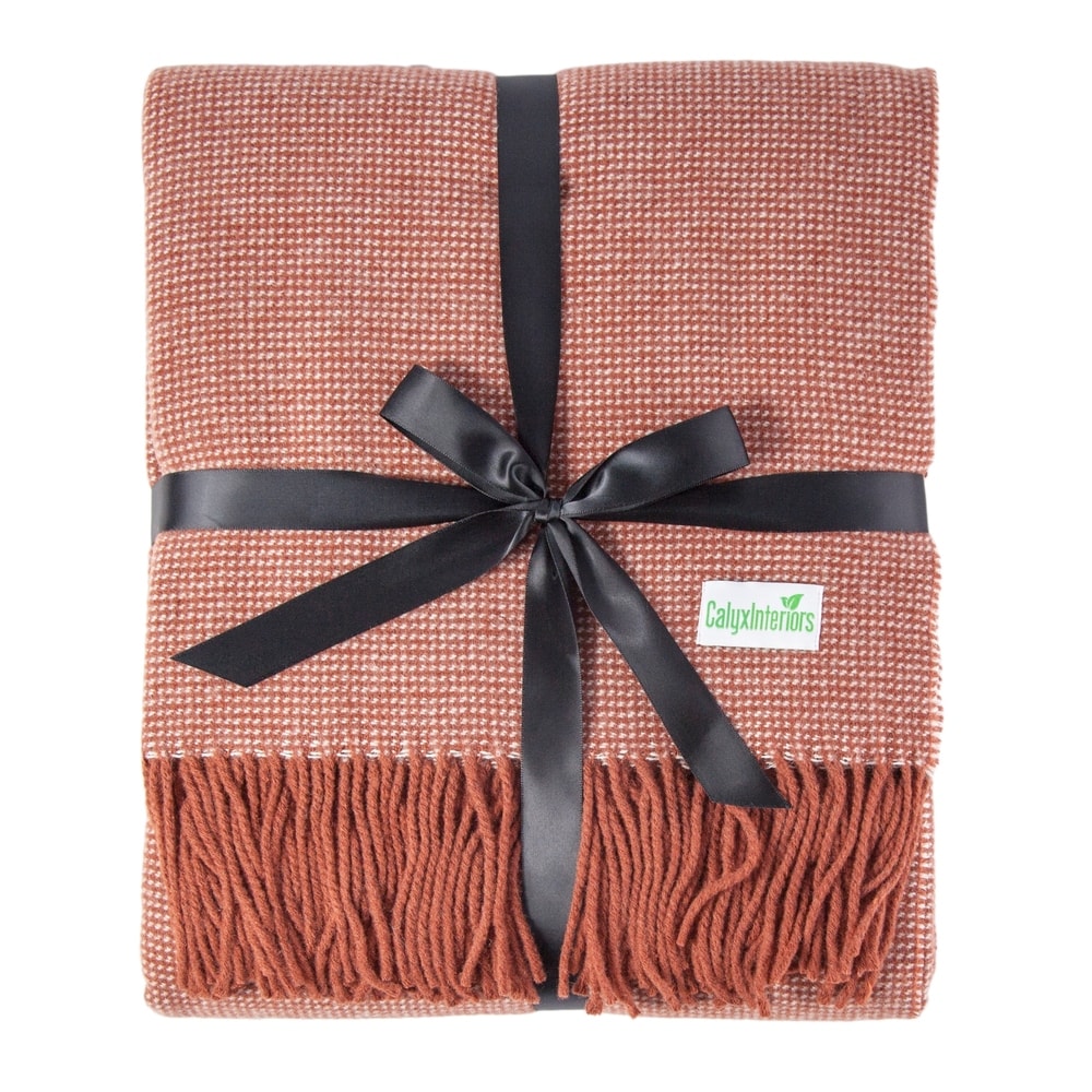 Calyx Interiors Checked Lambswool Blend Throw Blankets Brick/cream with fringe