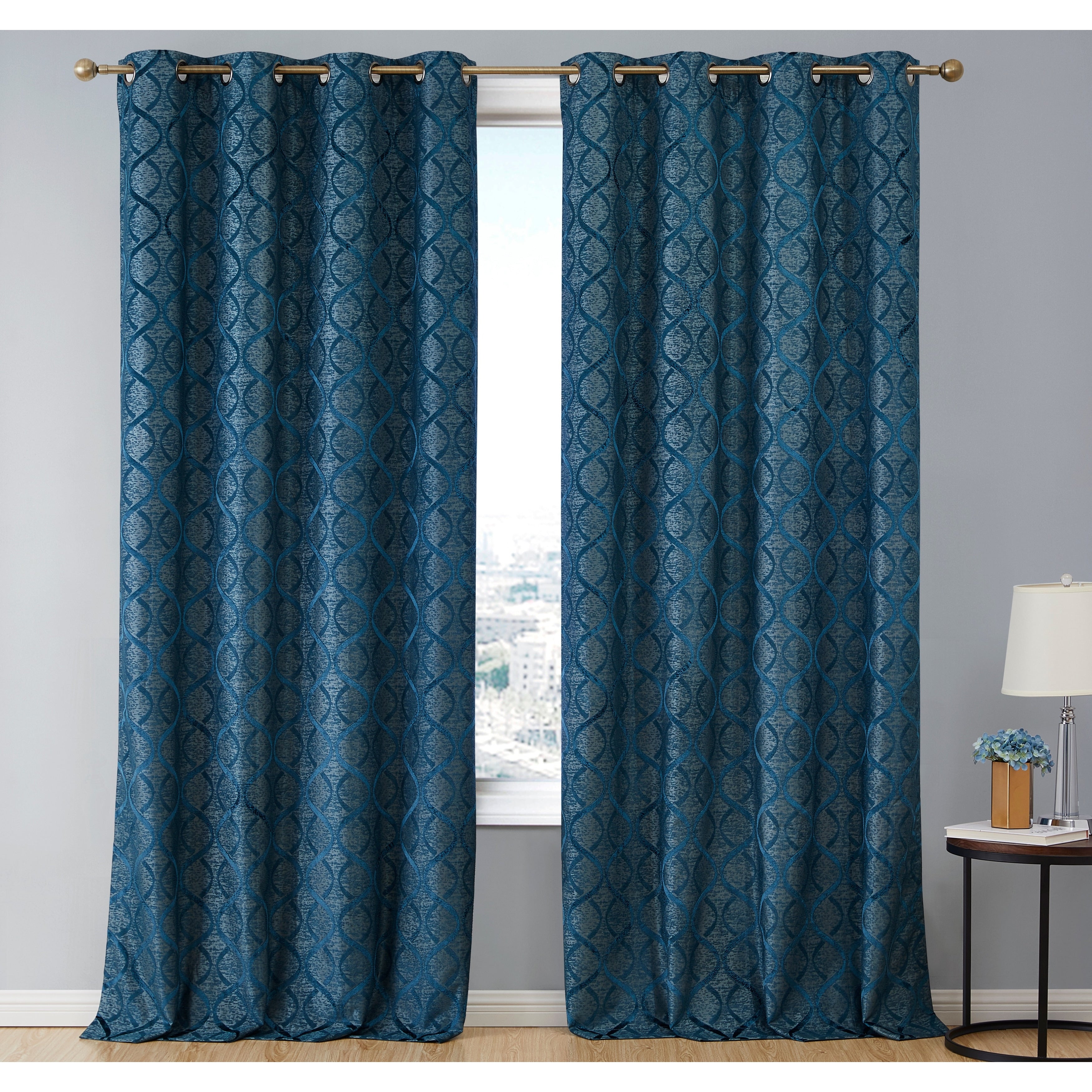 HLC.me Lattice Flocked 100% Complete Blackout Thermal Insulated Window Curtain Grommet Panels - Set of 2