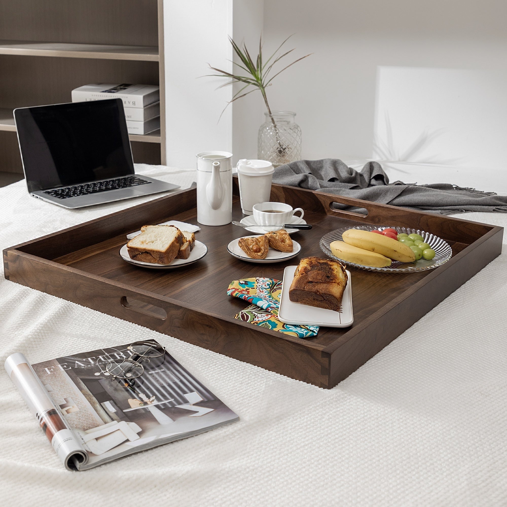 Square Black Walnut Wood Serving Tray Ottoman Tray with Handles