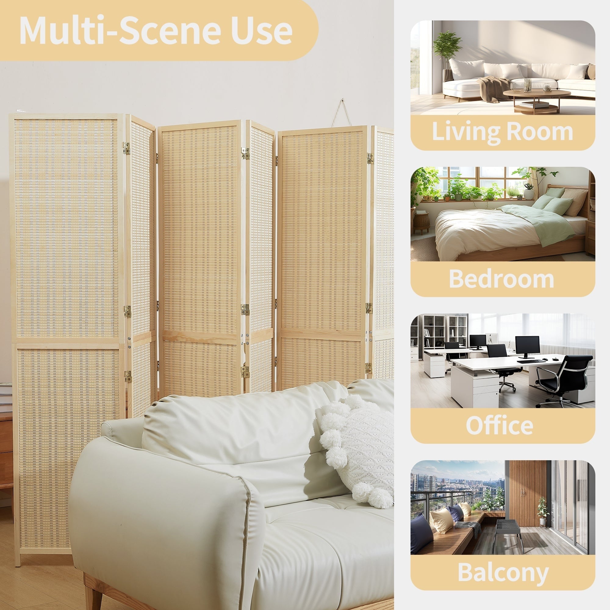 4/6 Panel Bamboo Room Divider 6 FT Detachable Wall Divider for Room Separation, Folding Privacy Screen