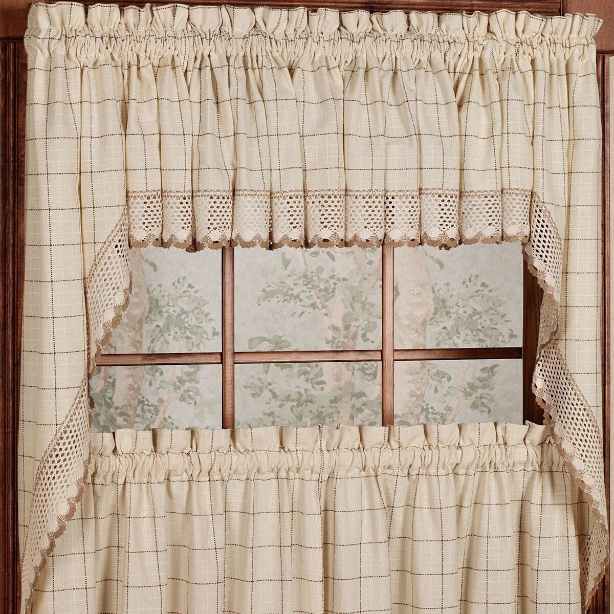 Cotton Classic Toast Window Pane Pattern and Crotchet Trim Tiers, Swags and Valance Options