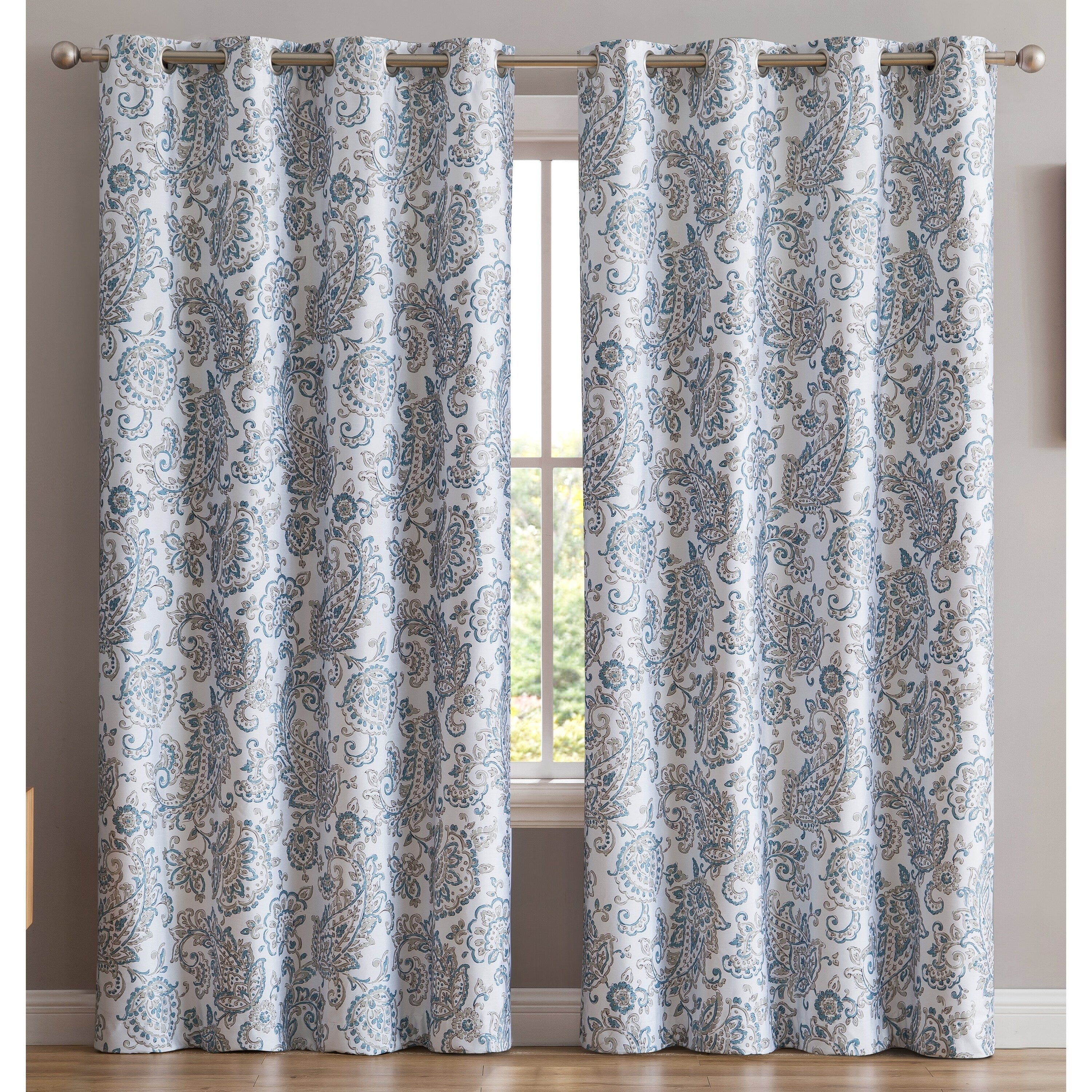 HLC.me Amalfi Paisley Faux Silk 100% Blackout Room Darkening Thermal Energy Efficient Curtain Grommet Panels, 2 Panels