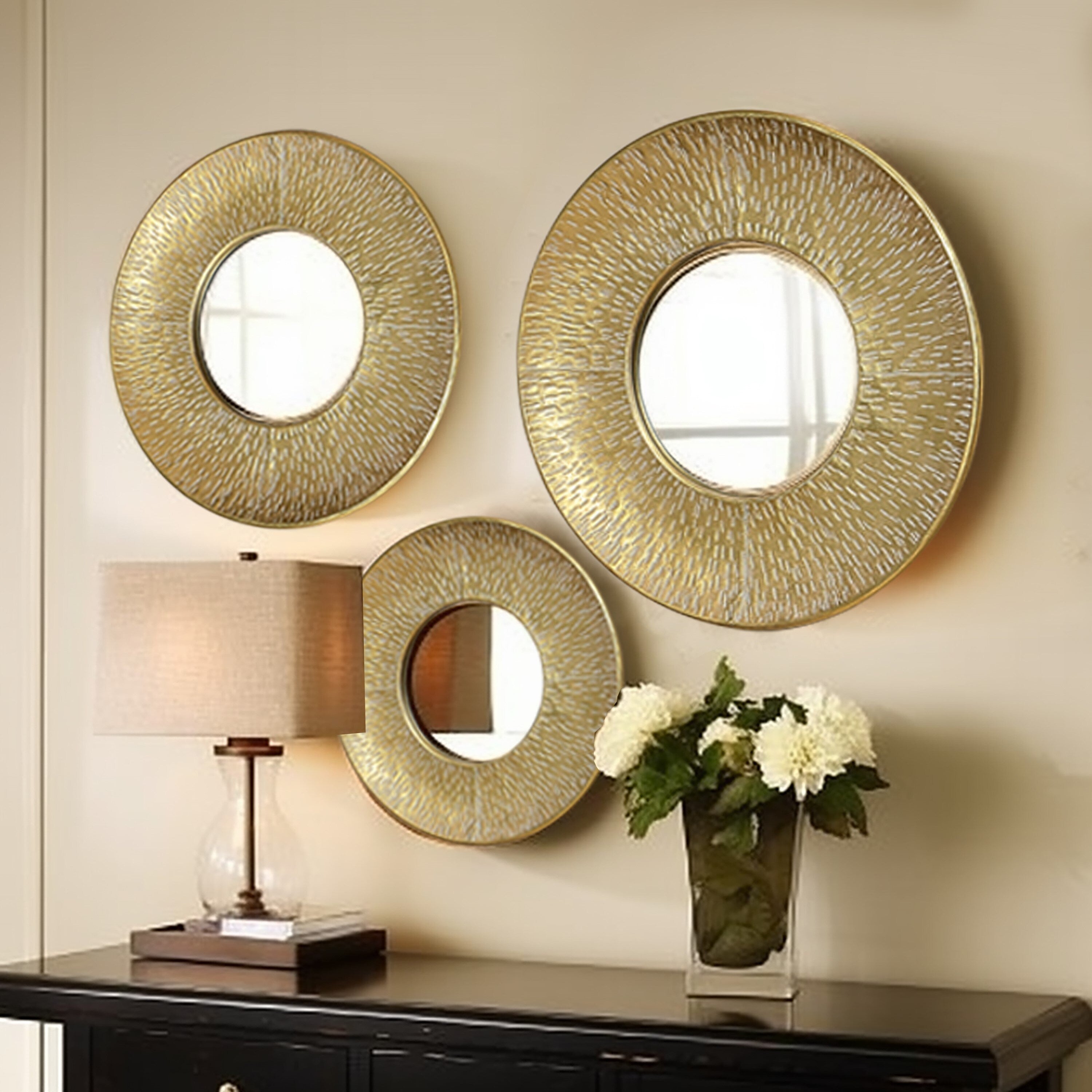 3-Piece Gold Metal Round Wall Mirror Set - 22.25 Diameter x 2.36 D