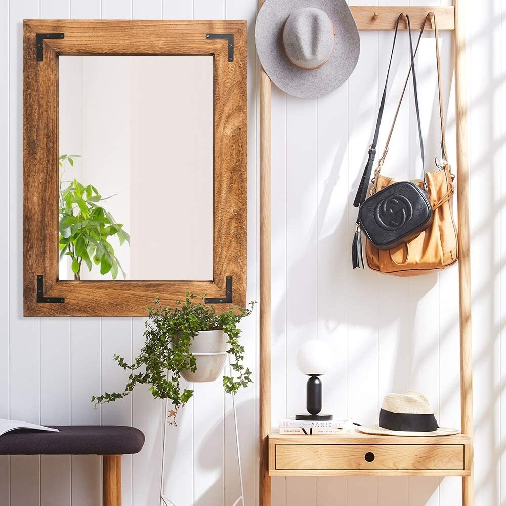 Rustic Wooden Framed Wall Mirror, Natural Wood Bathroom Vanity Mirror