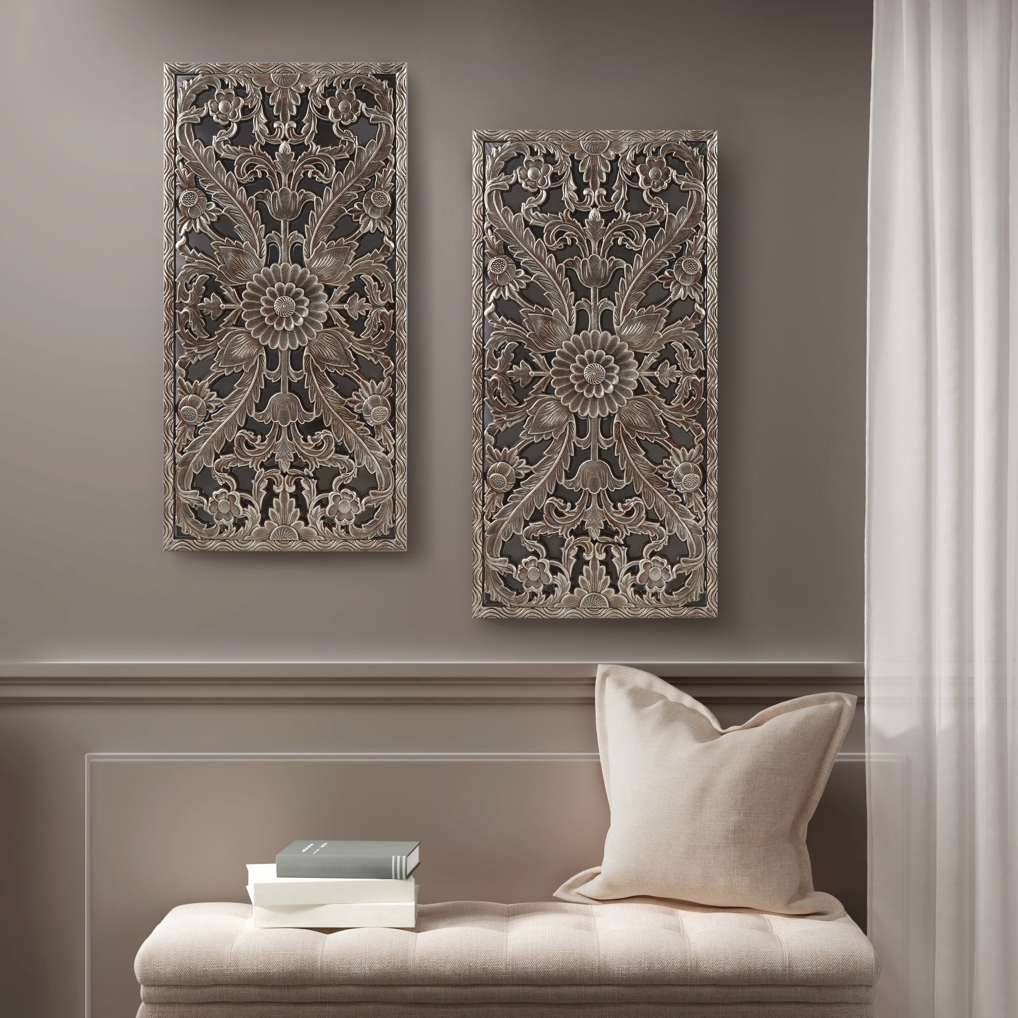 Madison Park Botanical Distressed Carved Wood Wall Décor (Set of 2)