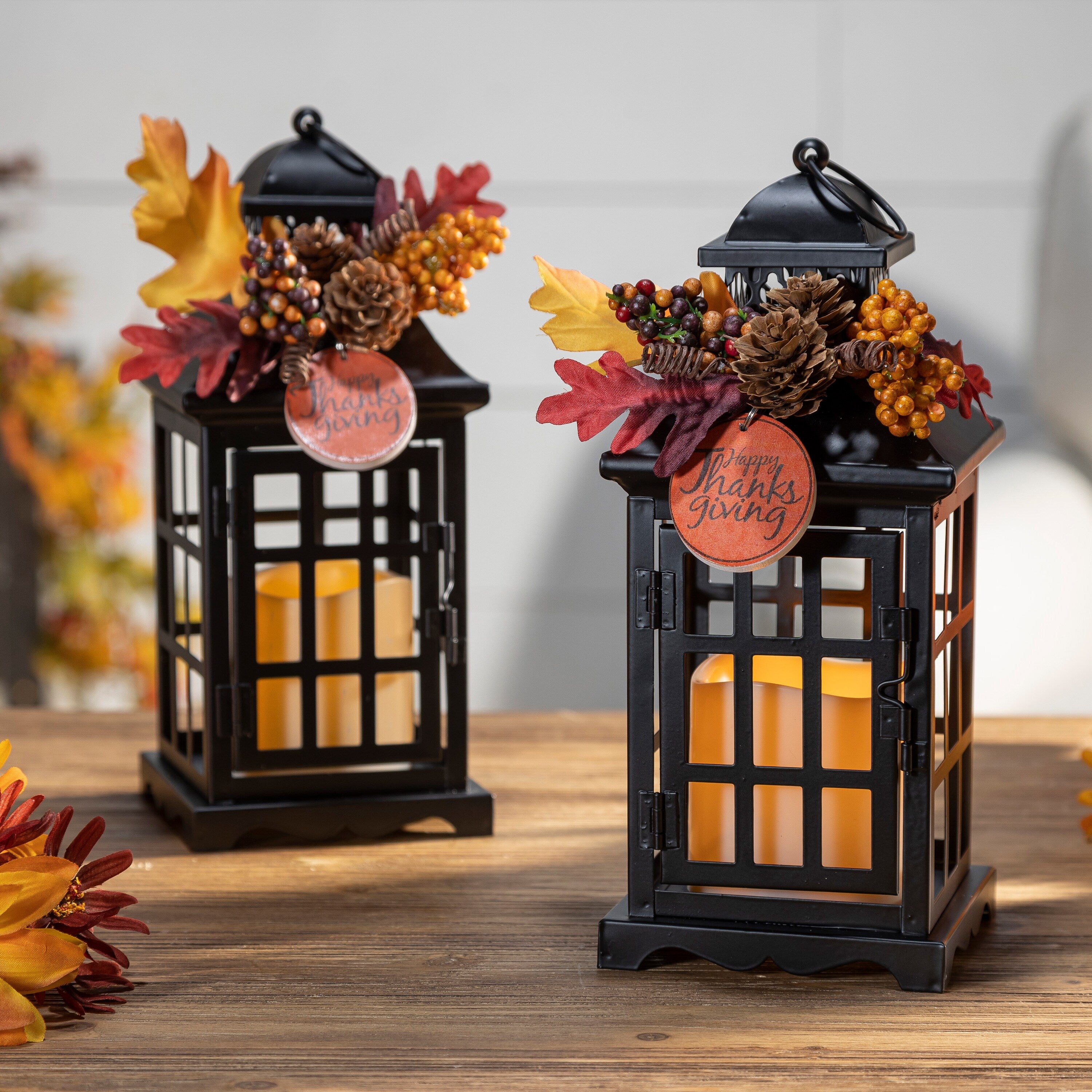 Set of 2 Autumn Lanterns with Fall Floral Accents