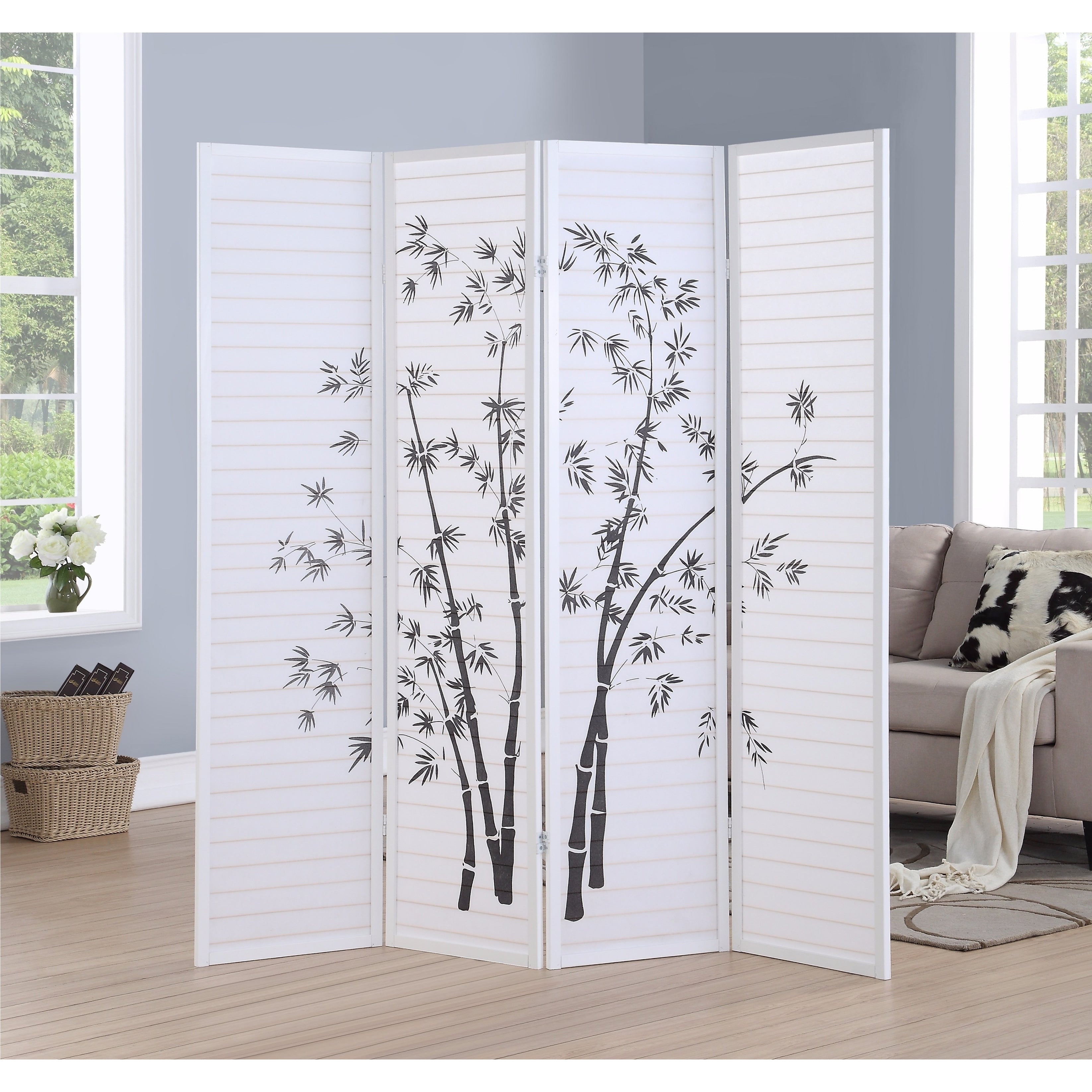 Roundhill Furniture Bamboo Print 4-Panel Framed Room Screen/Divider