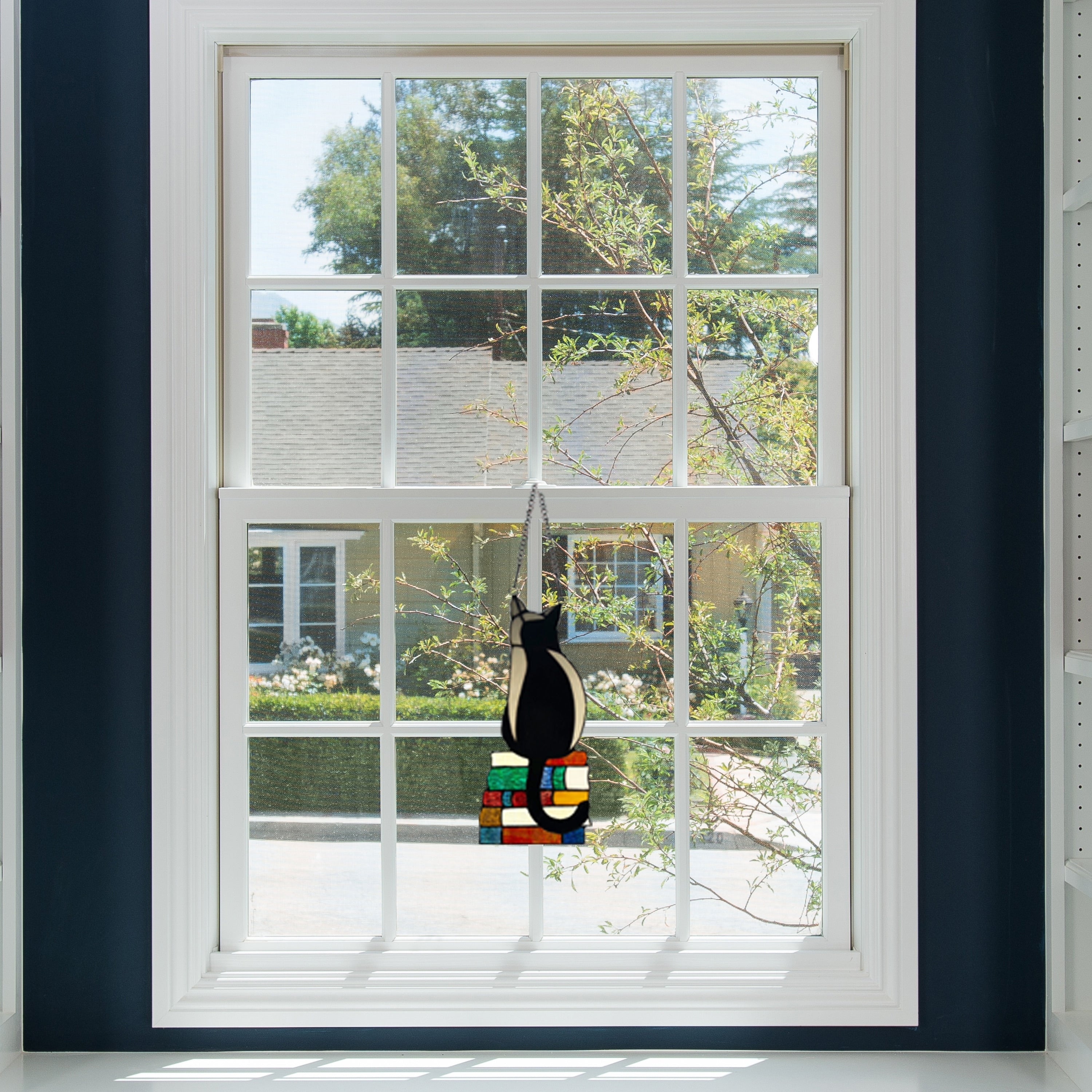 River of Goods Cat on Books River of Goods Stained Glass Vertical Window Panel - 6 x 0.25 x 12.5