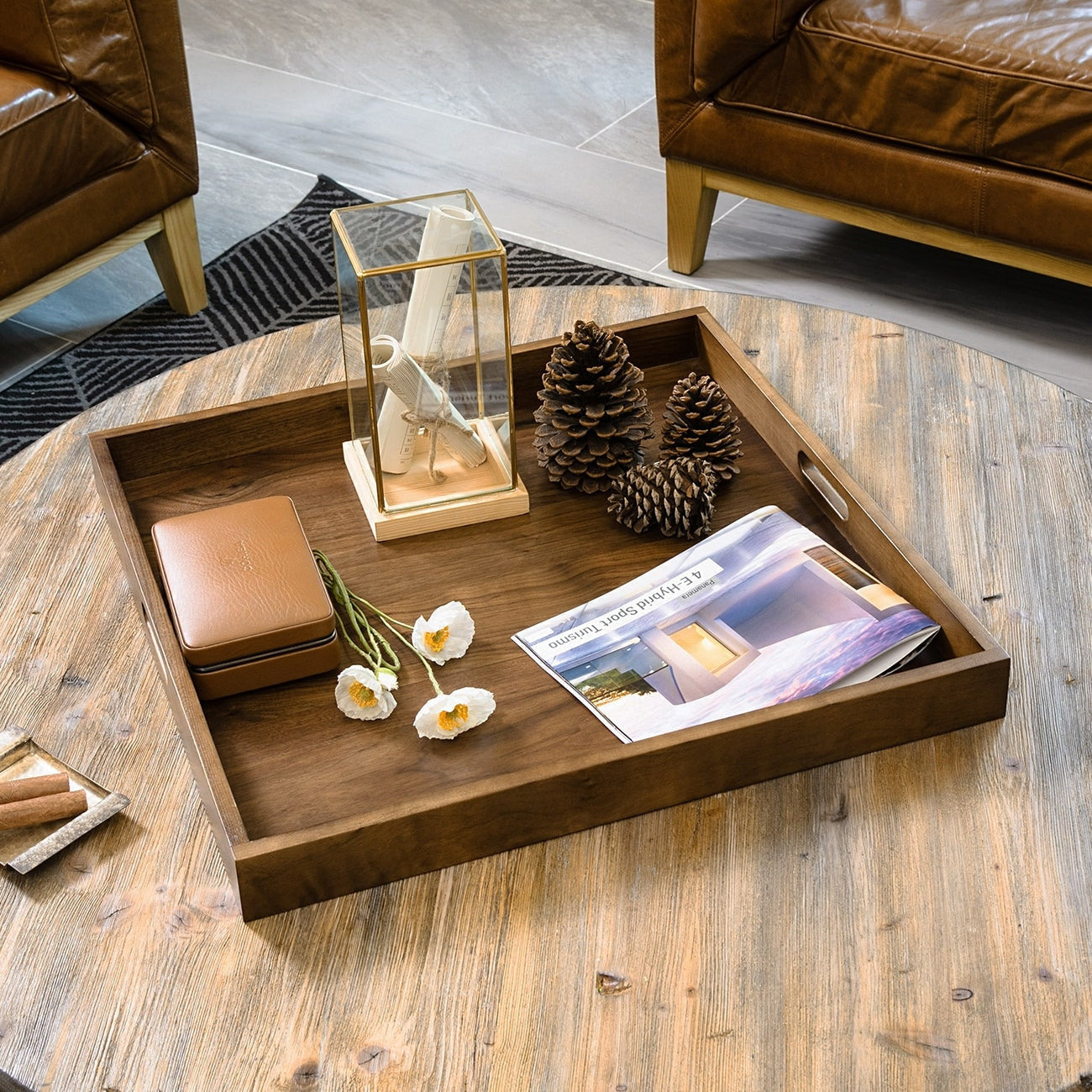 Square Black Walnut Wood Serving Tray Ottoman Tray with Handles