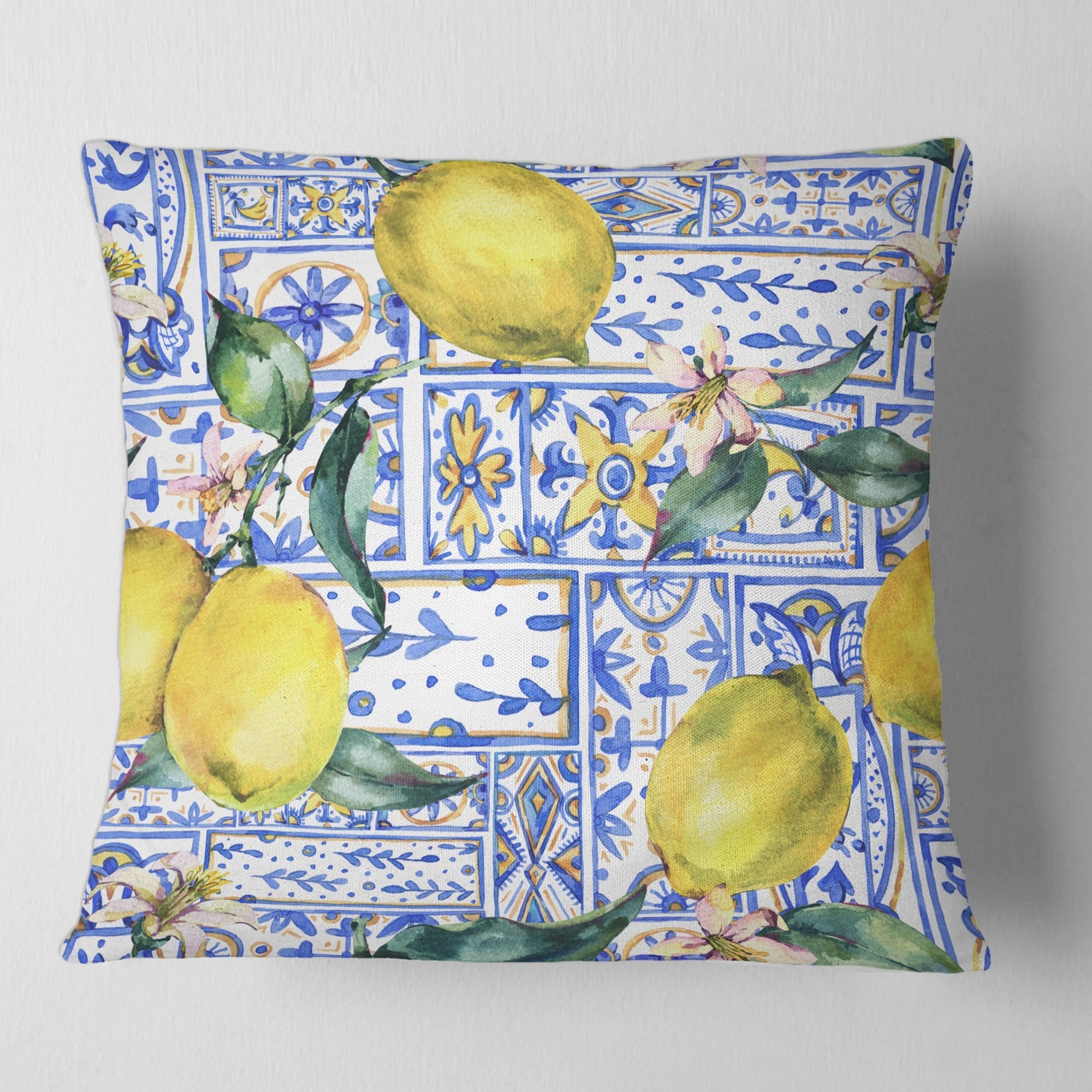 Designart 'Lemon Ornament On Blue Geometrical Pattern I' Tropical Printed Throw Pillow