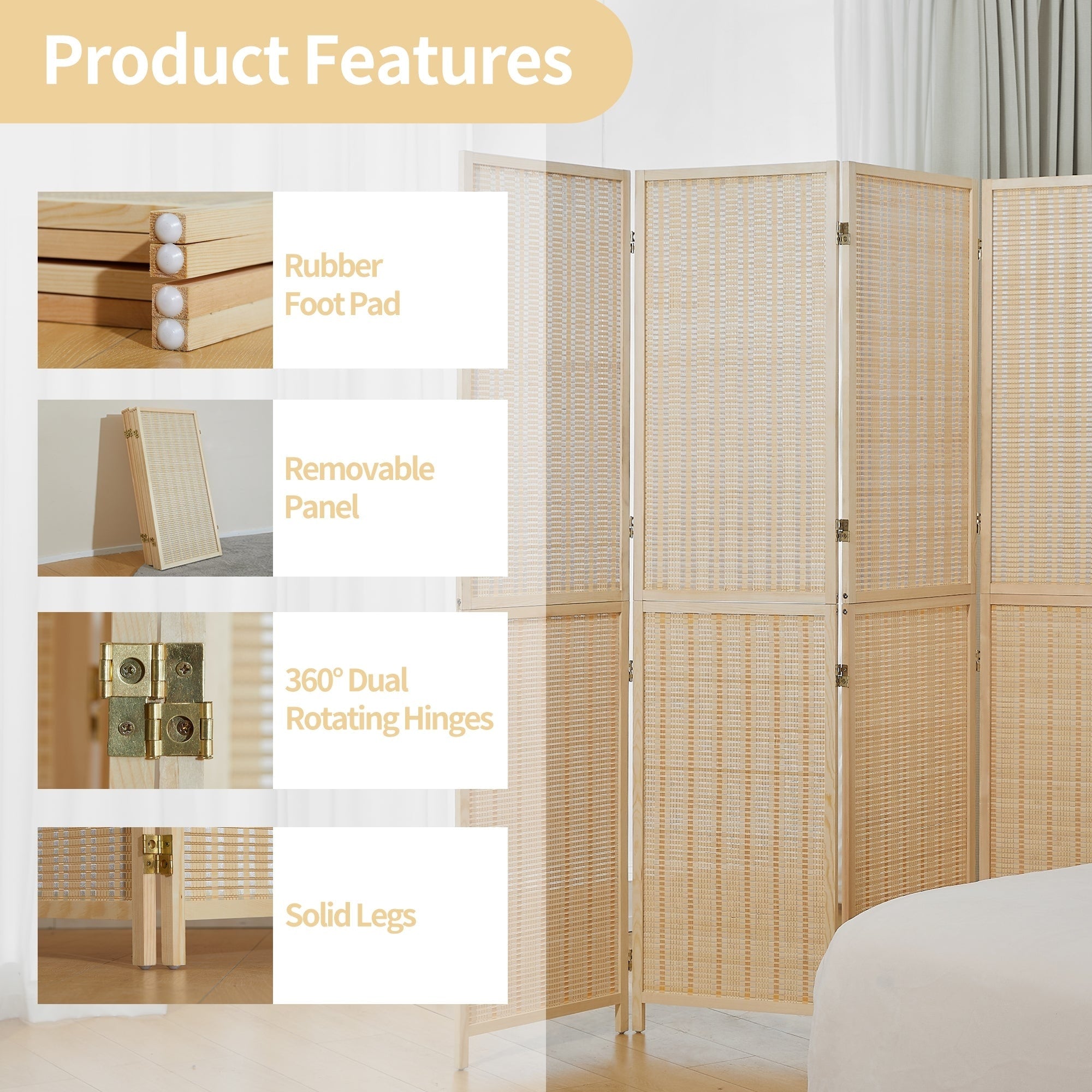 4/6 Panel Bamboo Room Divider 6 FT Detachable Wall Divider for Room Separation, Folding Privacy Screen