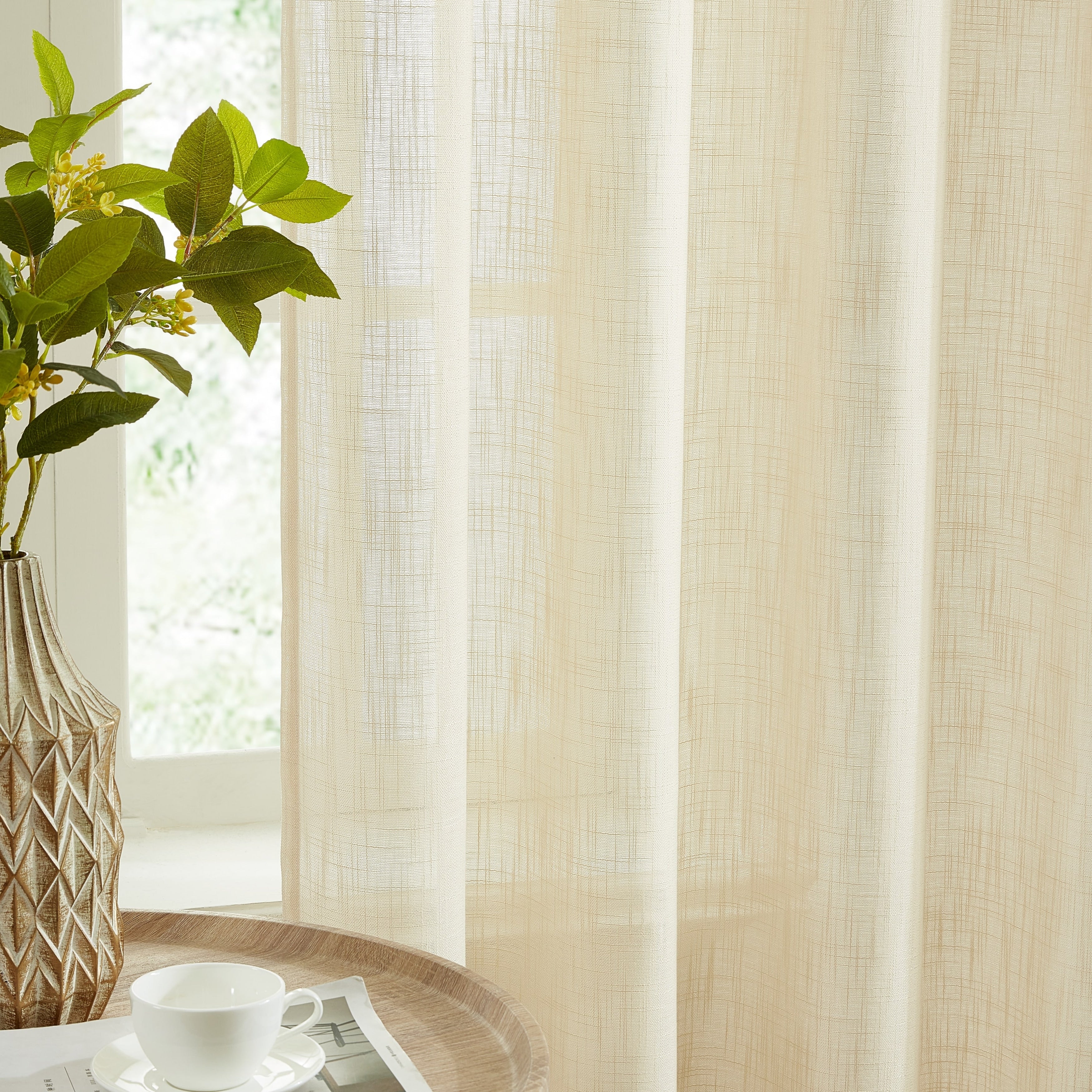 HLC.me Linda Faux Linen Textured Semi Sheer Privacy Sun Light Filtering Window Rod Pocket Curtains Panels, 2 Panel