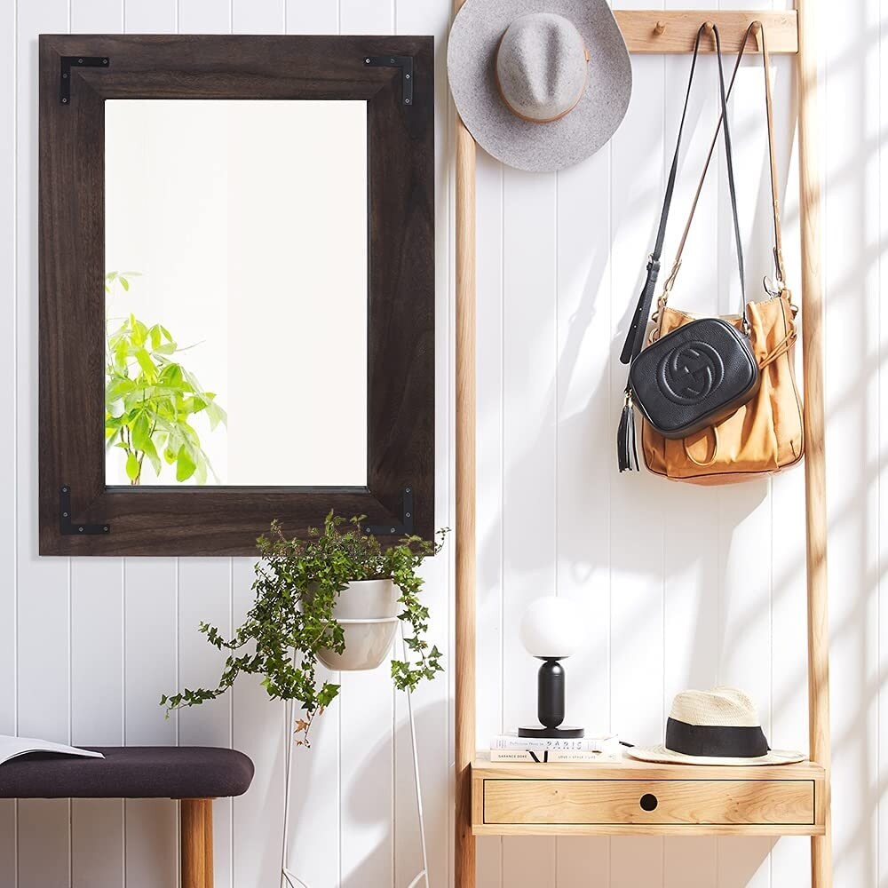 Rustic Wooden Framed Wall Mirror, Natural Wood Bathroom Vanity Mirror