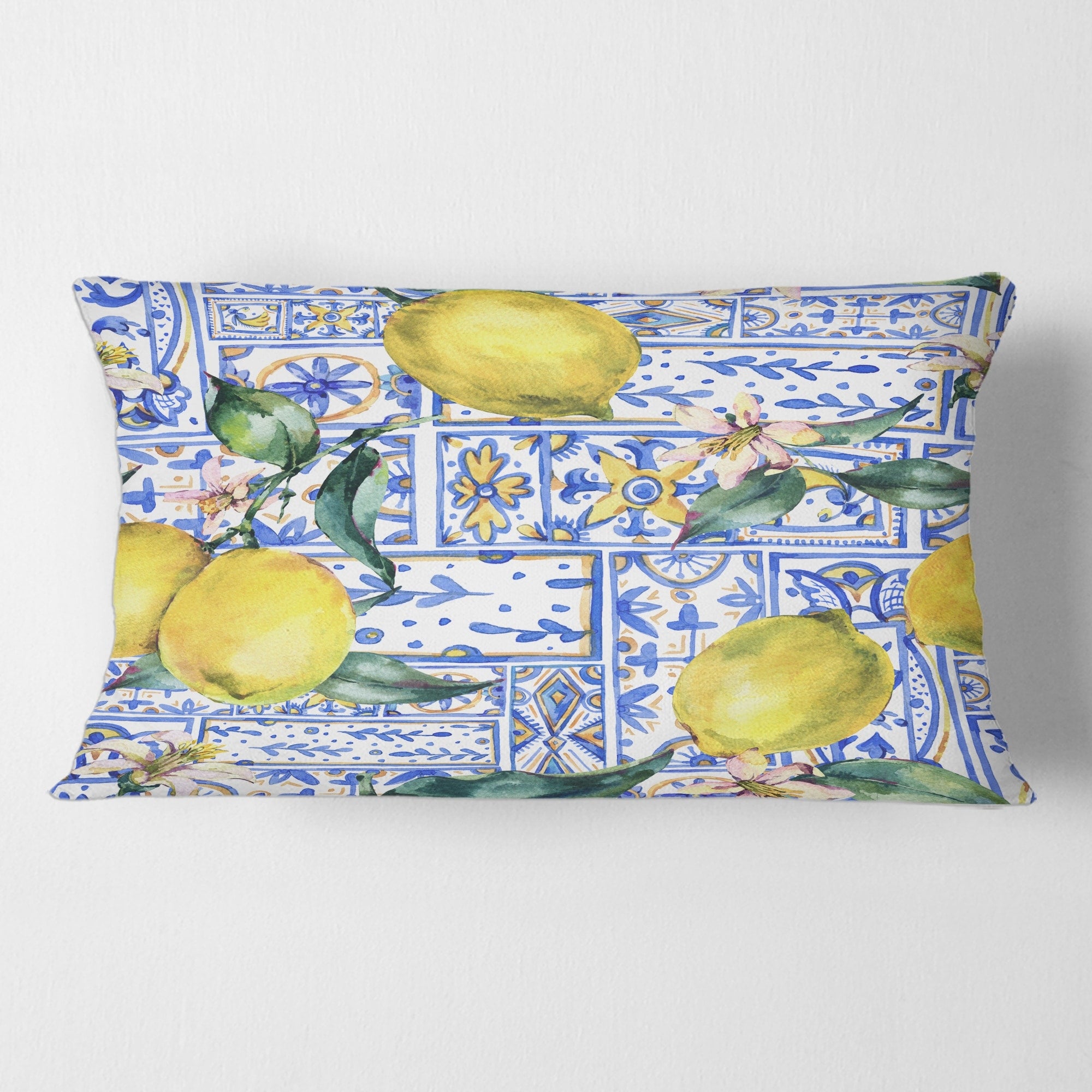 Designart 'Lemon Ornament On Blue Geometrical Pattern I' Tropical Printed Throw Pillow