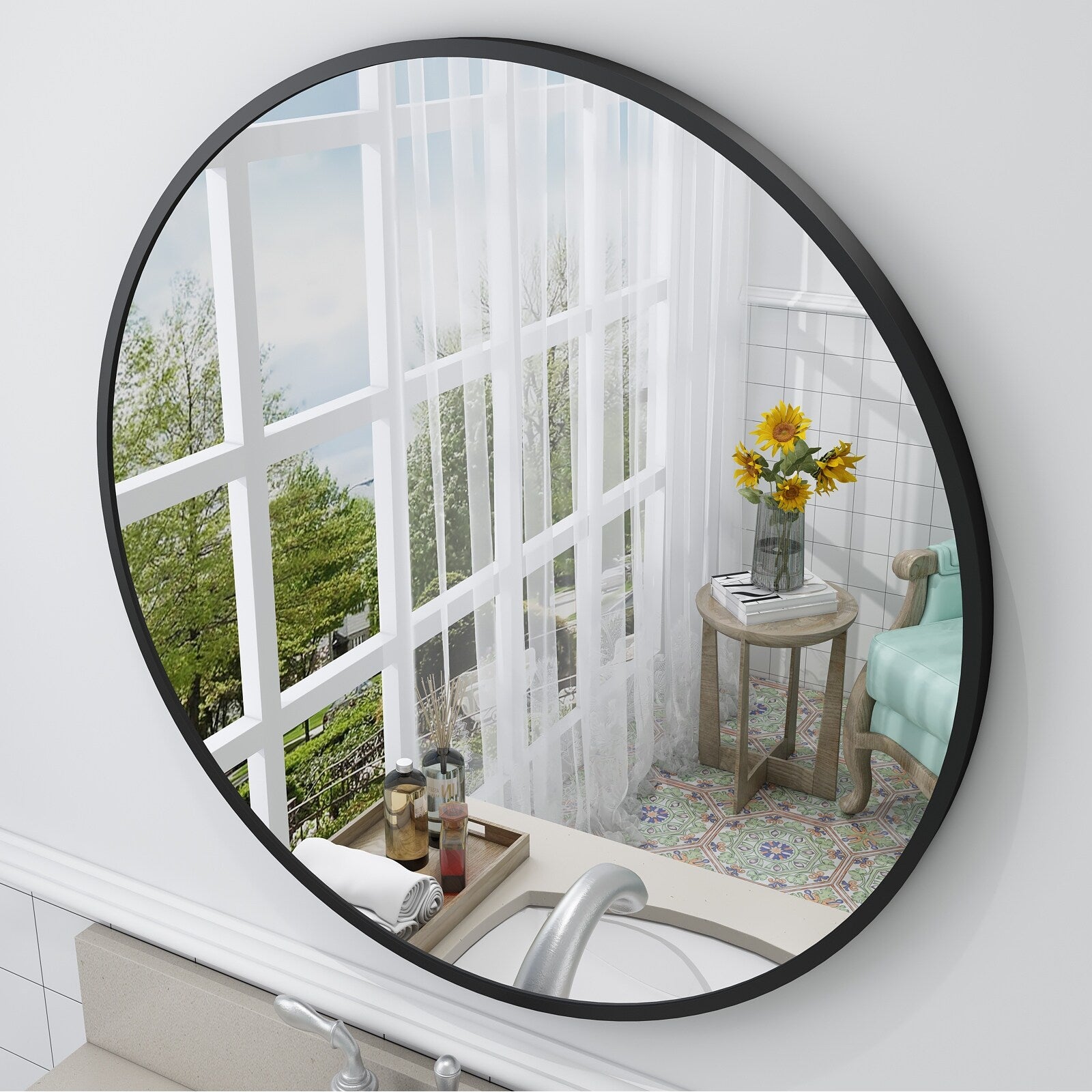 Full Size Round Bathroom Vanity Wall Mirror with Metal Frame