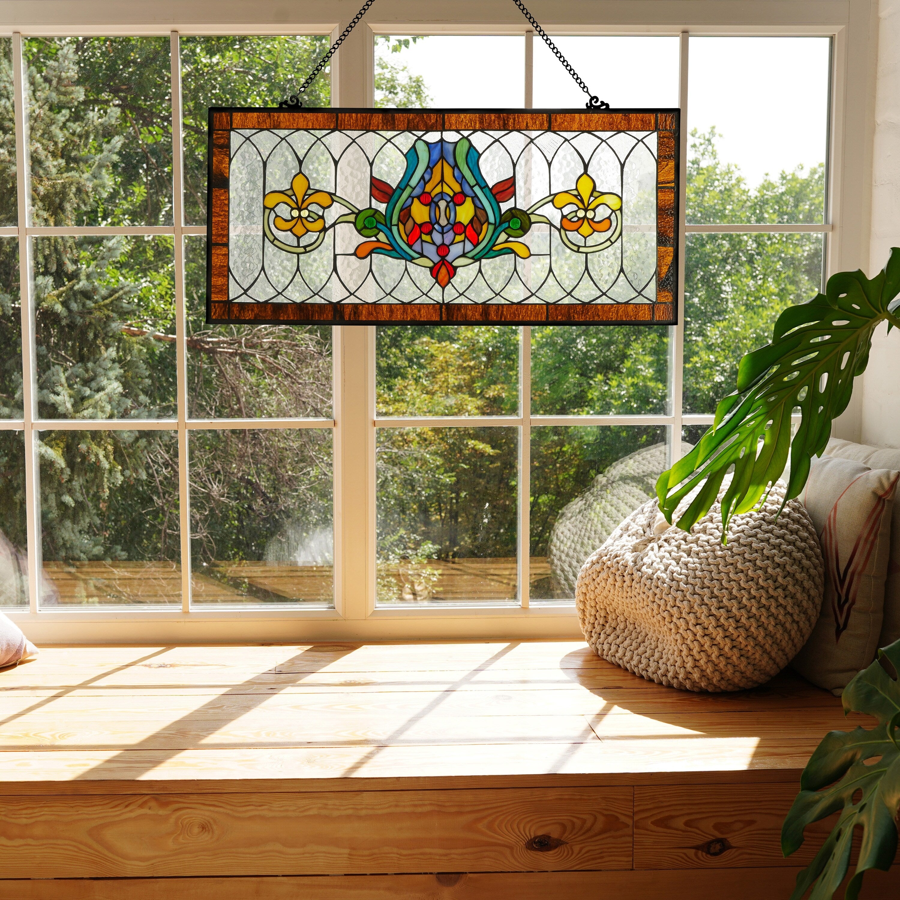 River of Goods Fleur De Lis Stained Glass Pub Window Panel - 30L x 0.25W x 14H