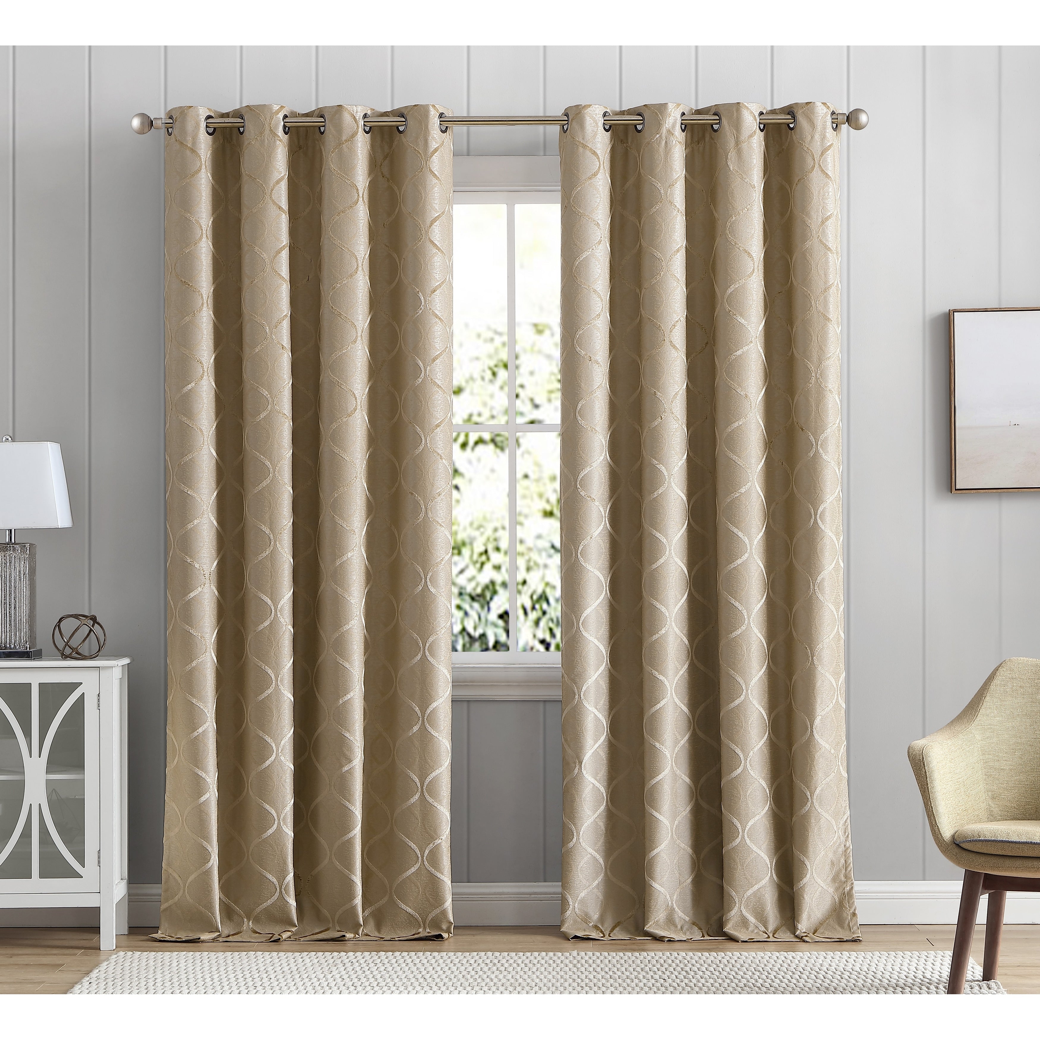 HLC.me Lattice Flocked 100% Complete Blackout Thermal Insulated Window Curtain Grommet Panels - Set of 2