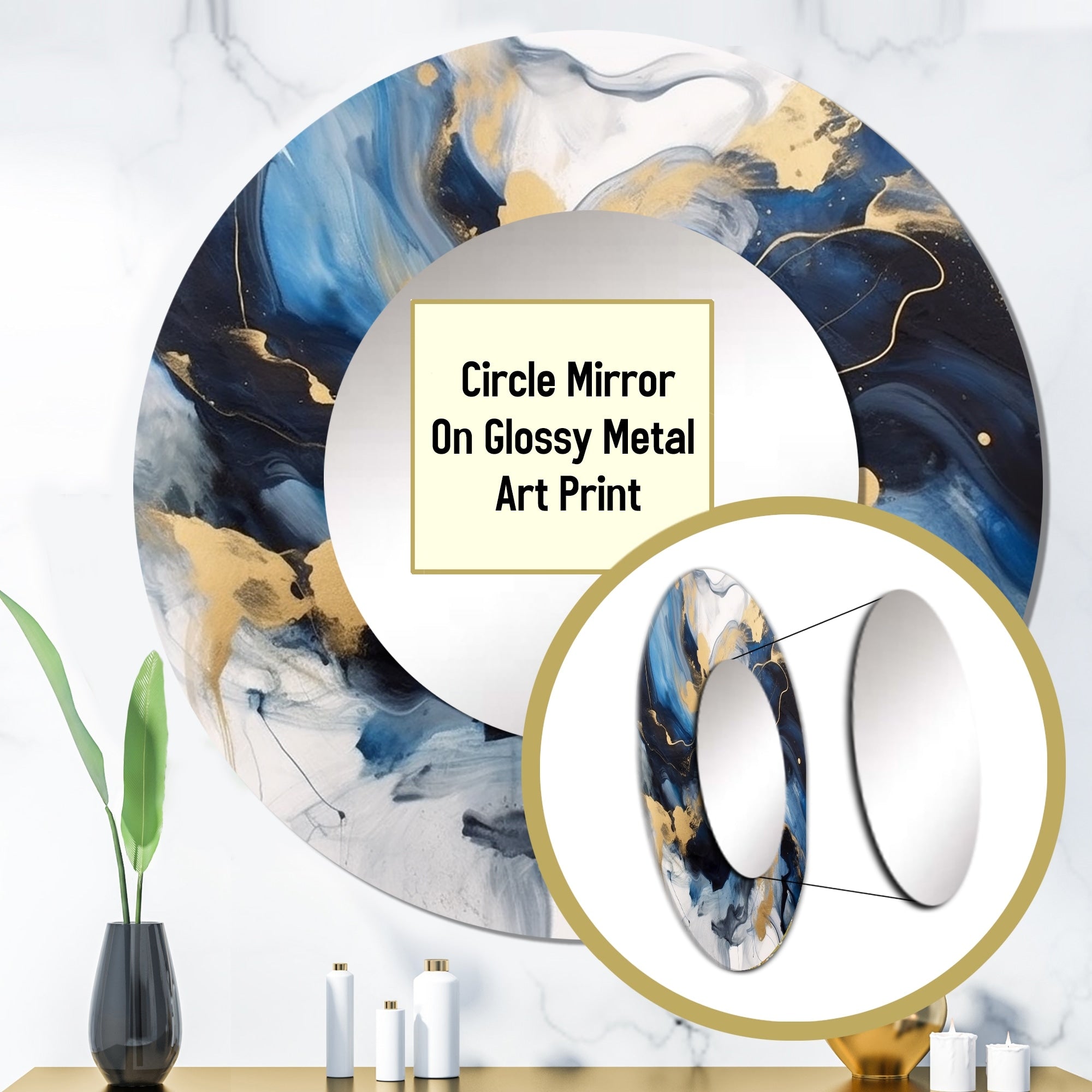 Designart Dark Blue and Gold Strokes XII Fractals Large Round Mirror - Modern Blue Round Bathroom Mirror