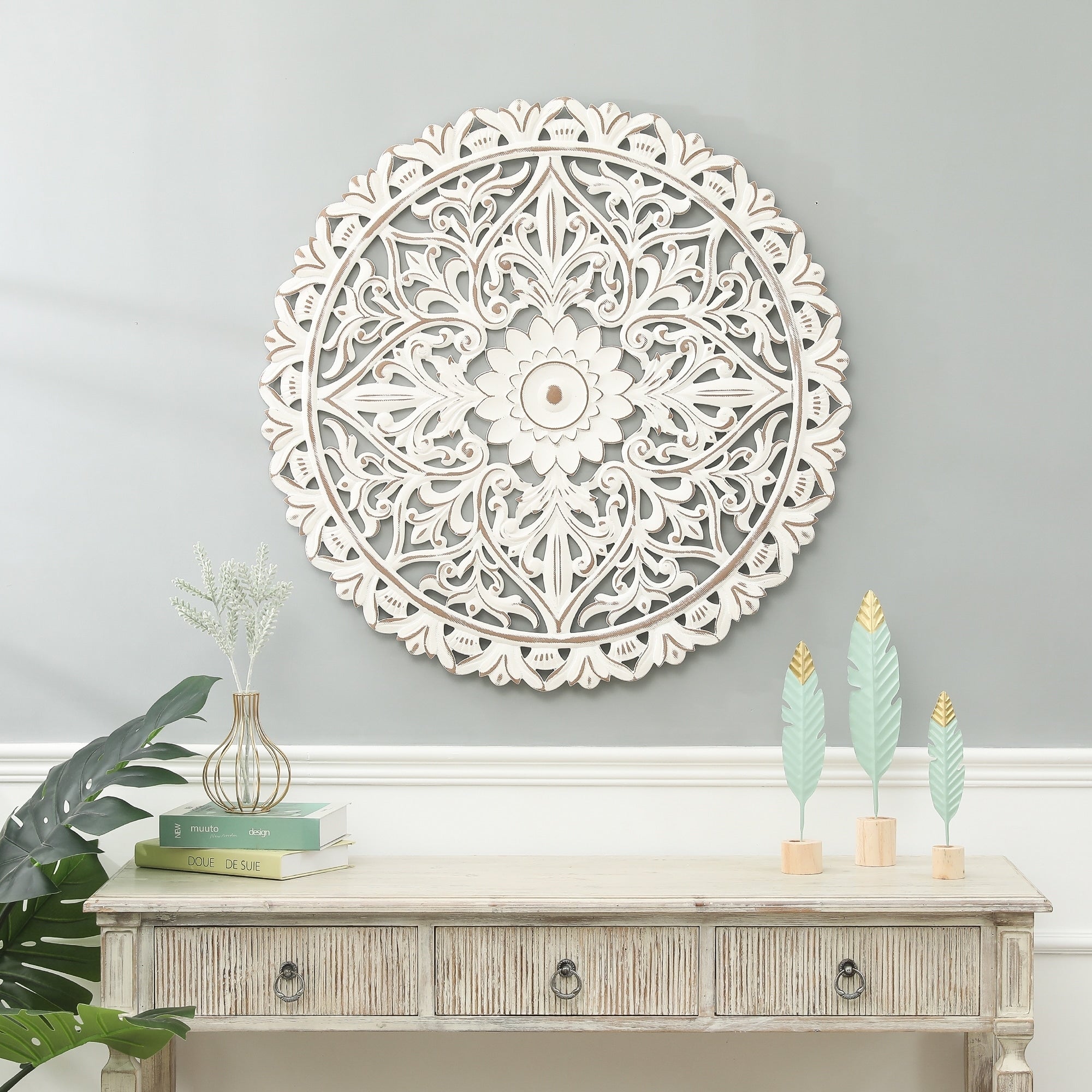 Distressed White Wood Flower Mandala 31.5 Round Wall Decor