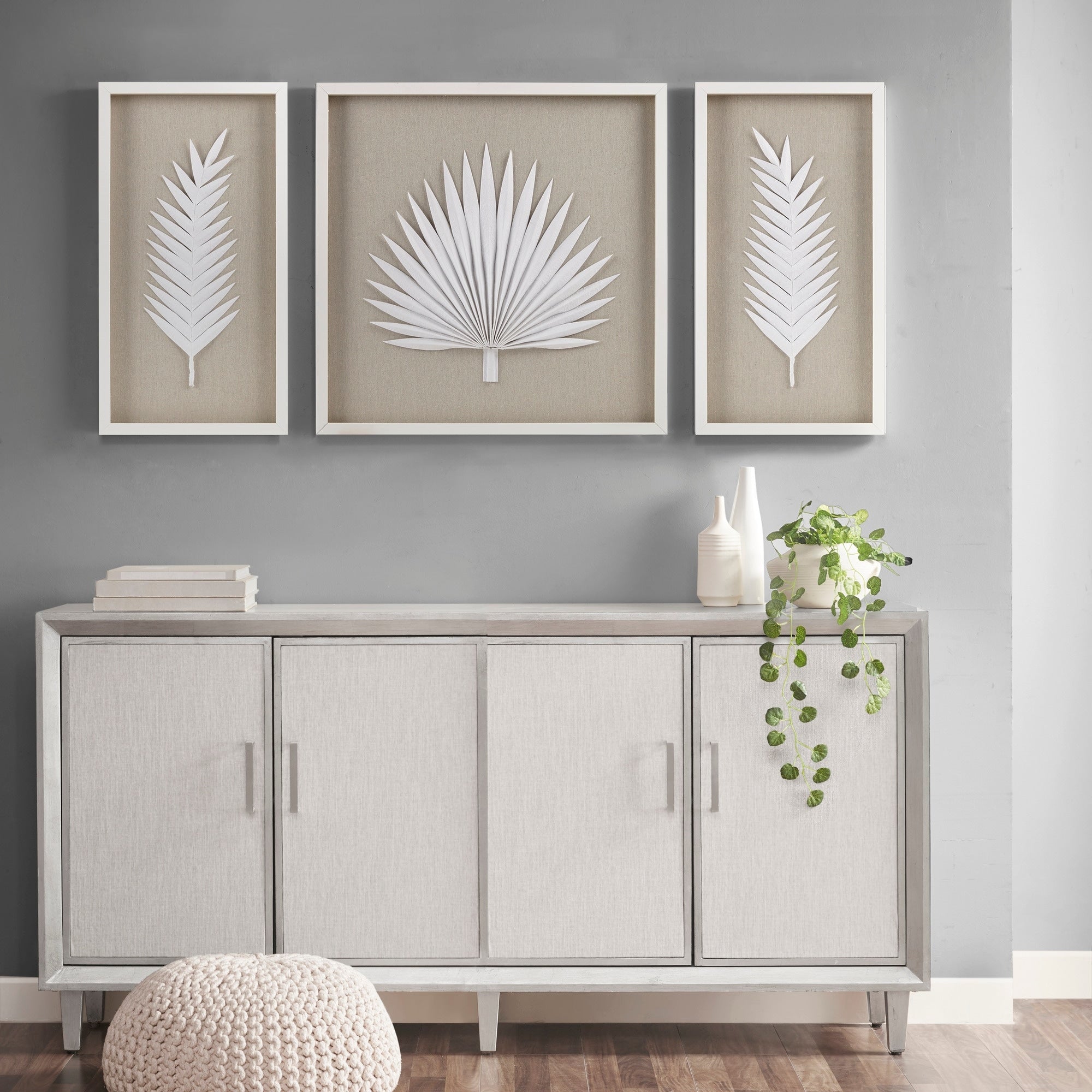 Madison Park Sabal Handmade Framed Rice Paper Palm Leaves 3-piece Shadowbox Wall Decor Set - Off White