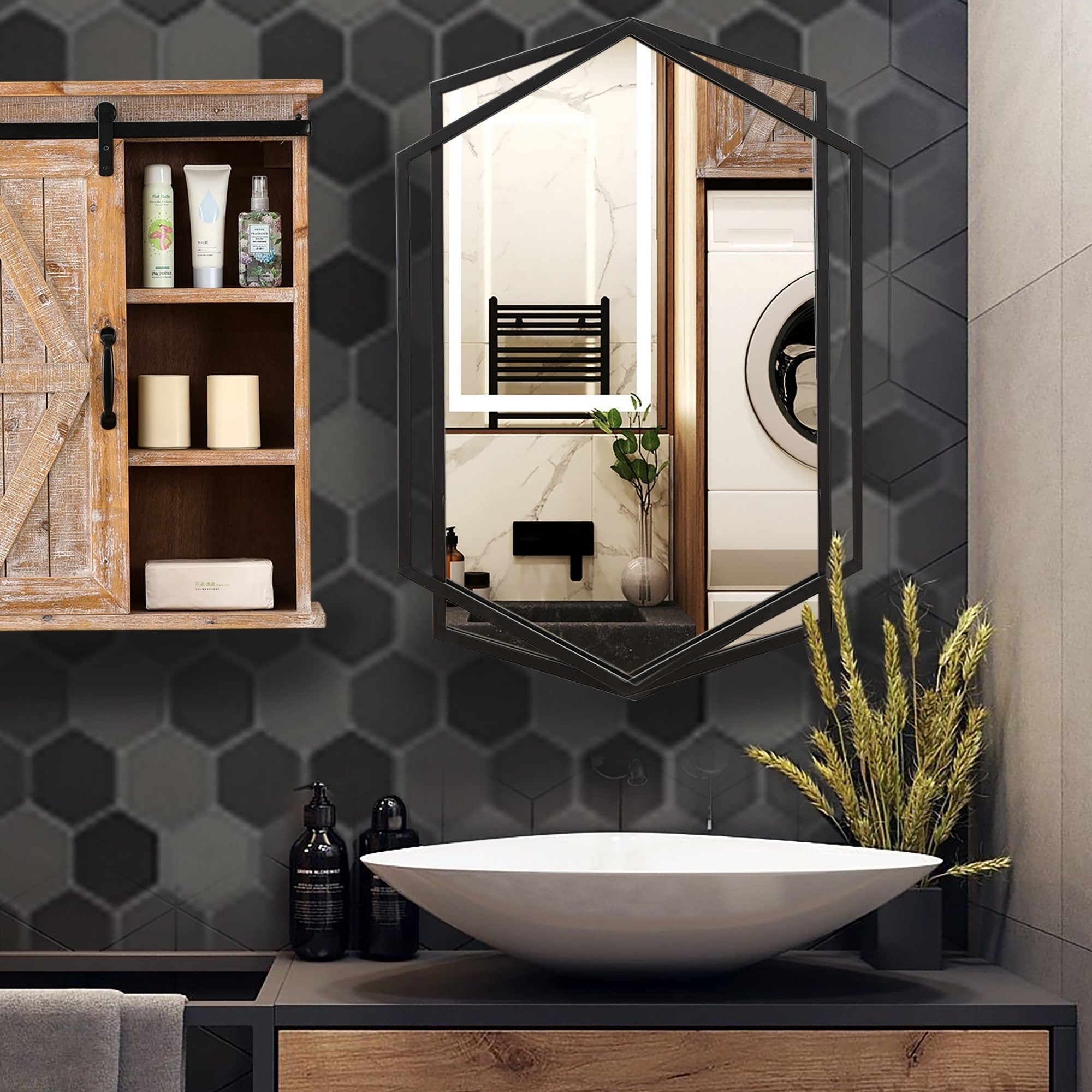 Black Metal Hexagon Frame Wall Accent Mirror, Bathroom Wall Mirror - 31.75 H x 22 W x 1.25 D