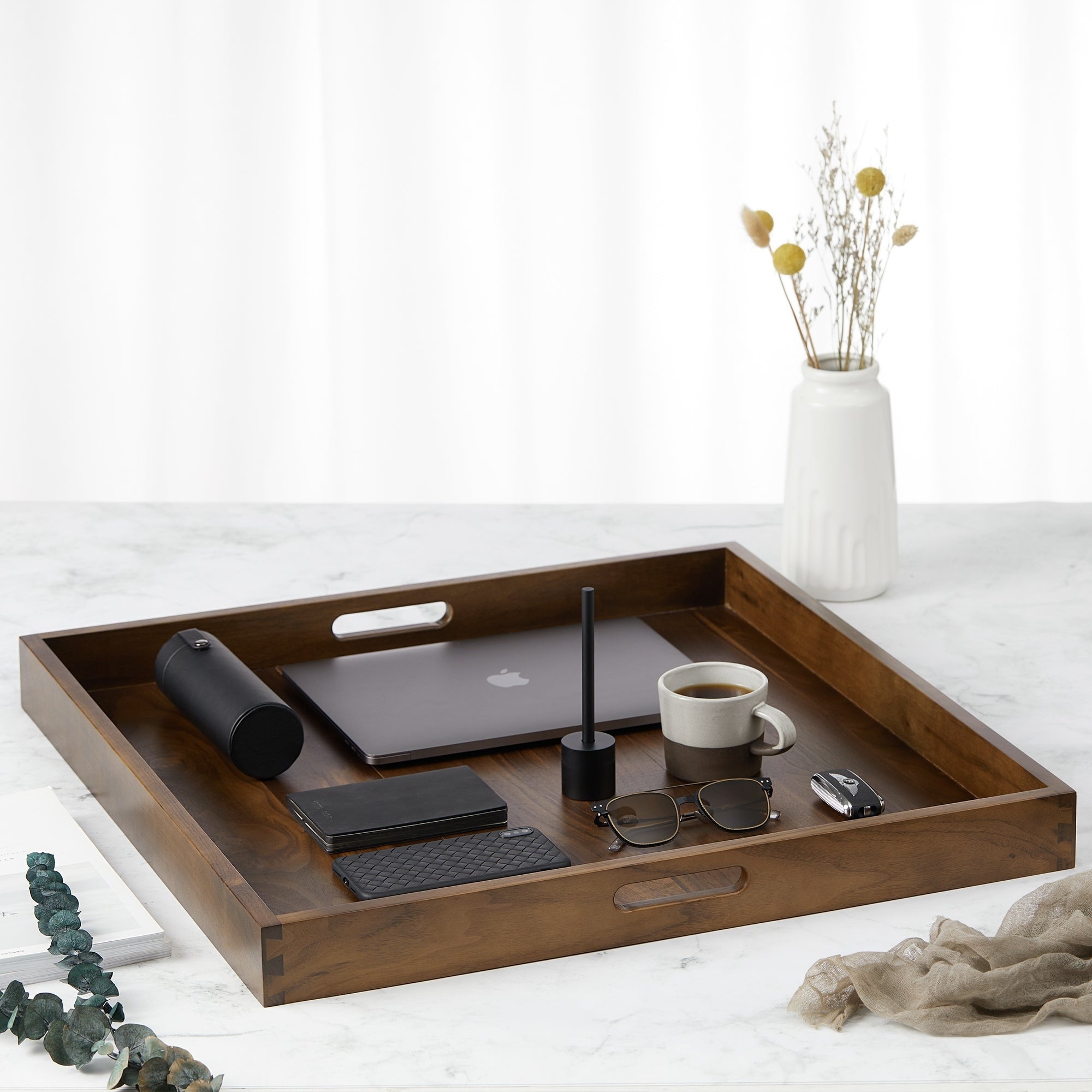 Square Black Walnut Wood Serving Tray Ottoman Tray with Handles