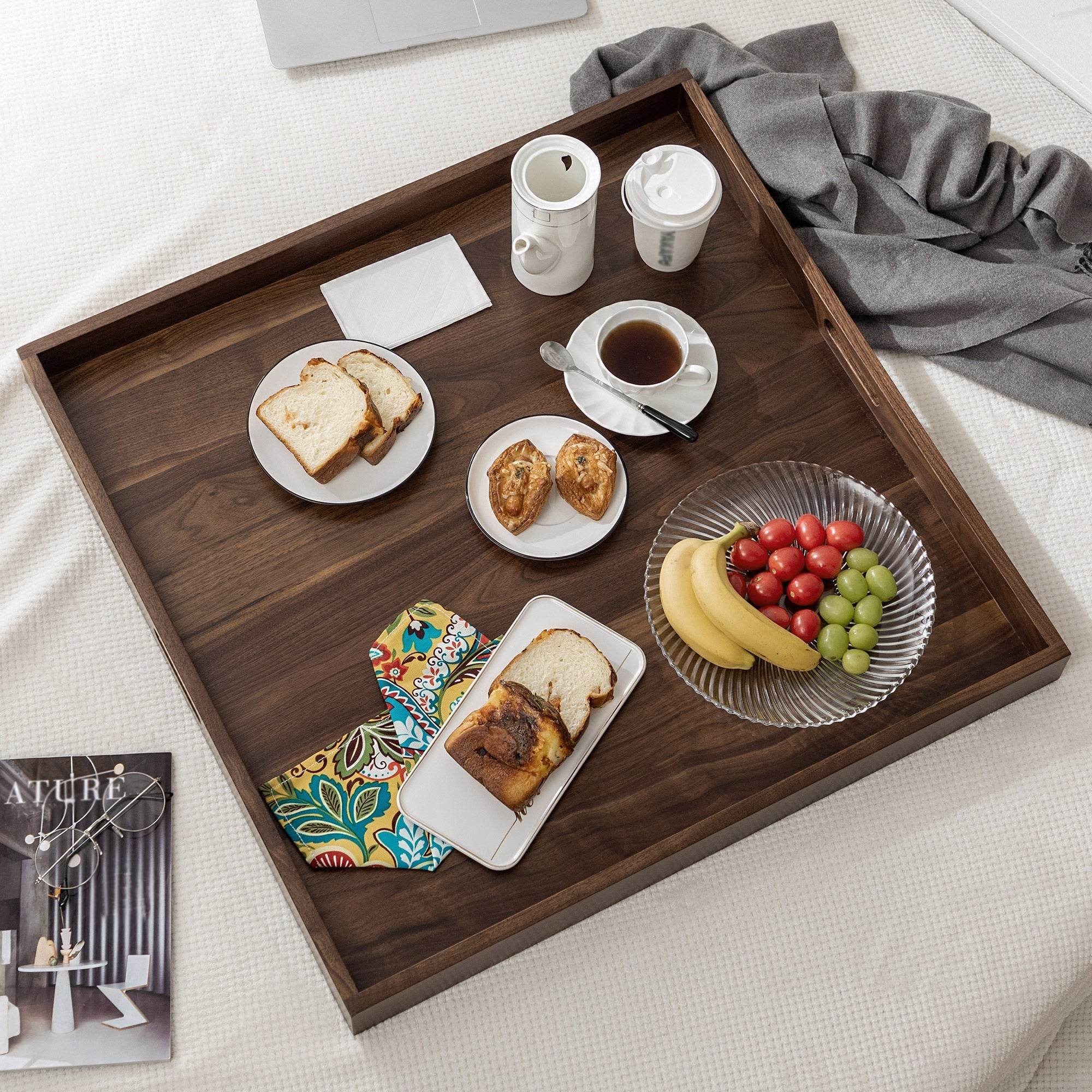 Square Black Walnut Wood Serving Tray Ottoman Tray with Handles