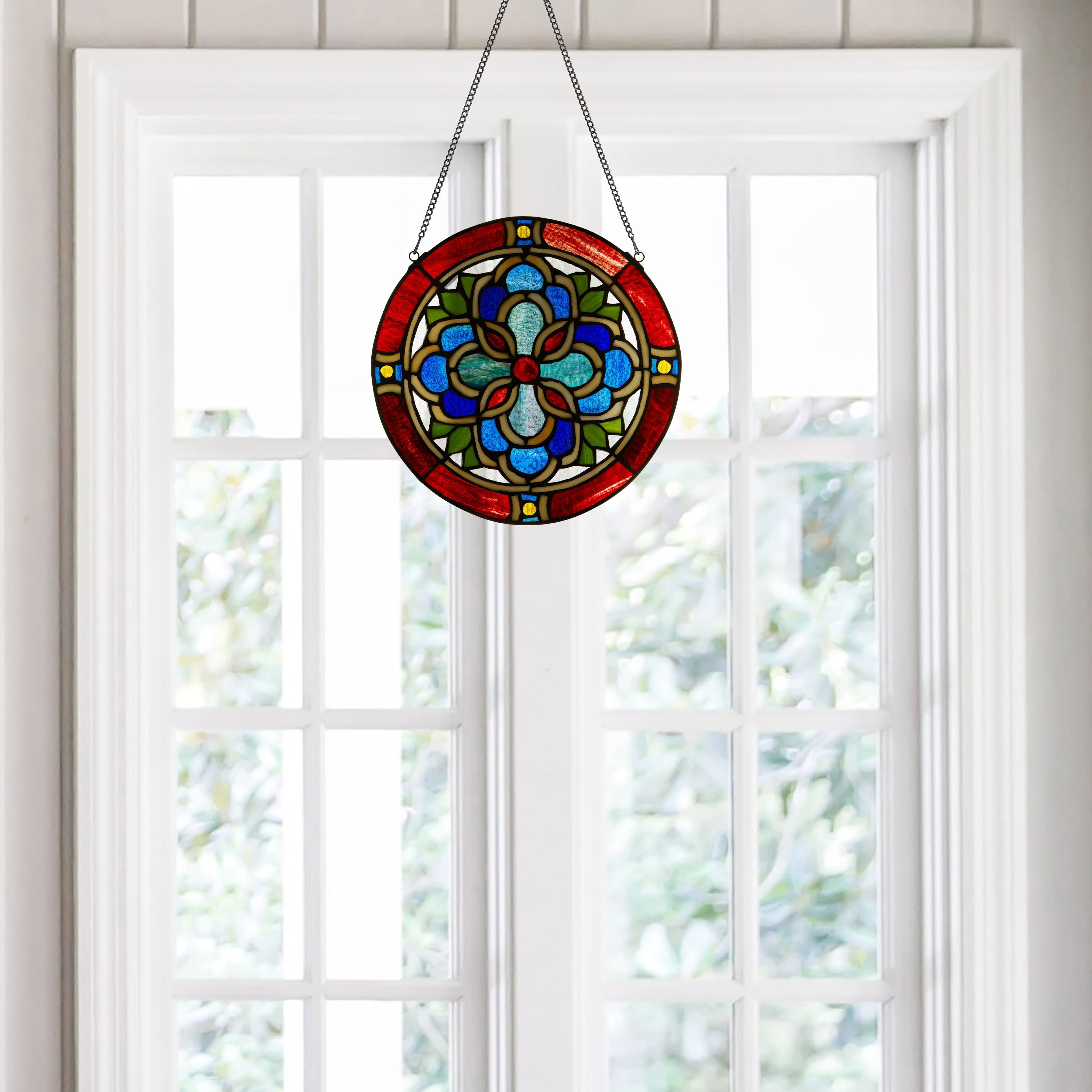 Geometric River of Goods Blue and Red Tiffany-Style Stained Glass Round Window Panel - 12 x 0.25 x 12