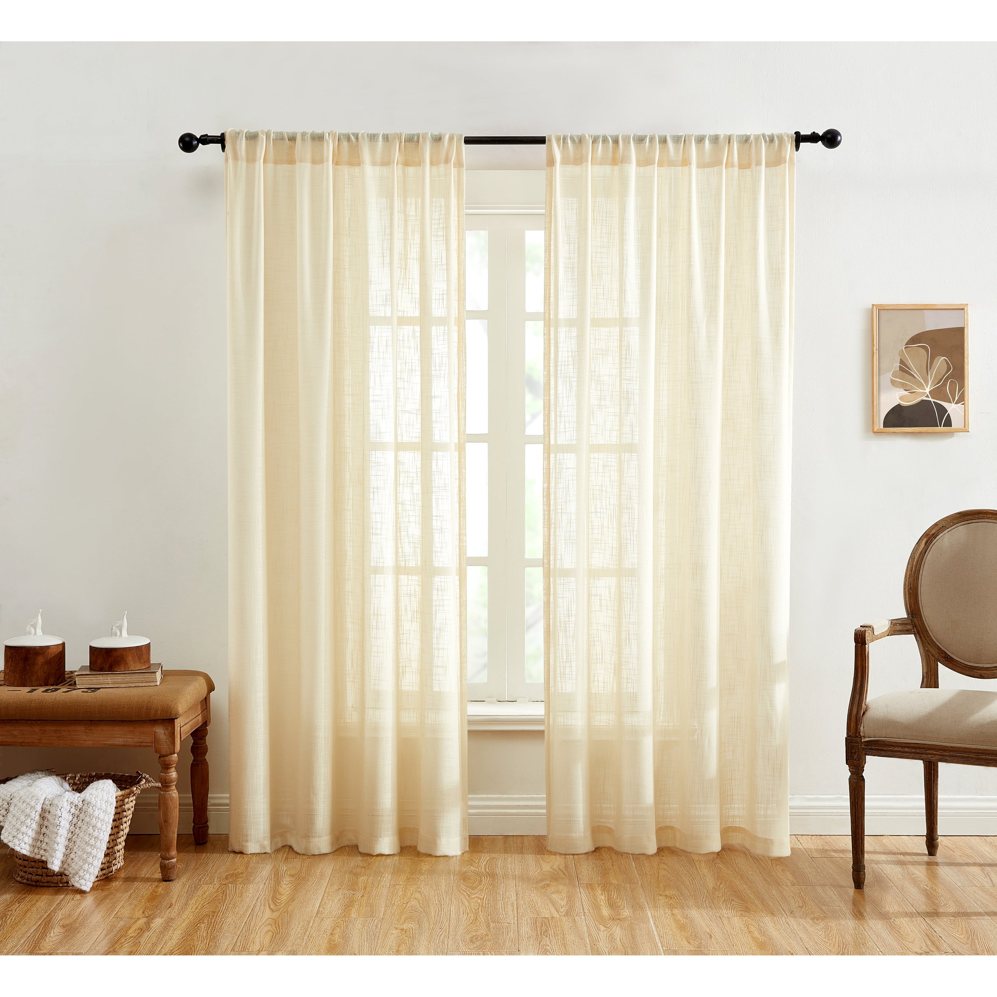 HLC.me Linda Faux Linen Textured Semi Sheer Privacy Sun Light Filtering Window Rod Pocket Curtains Panels, 2 Panel