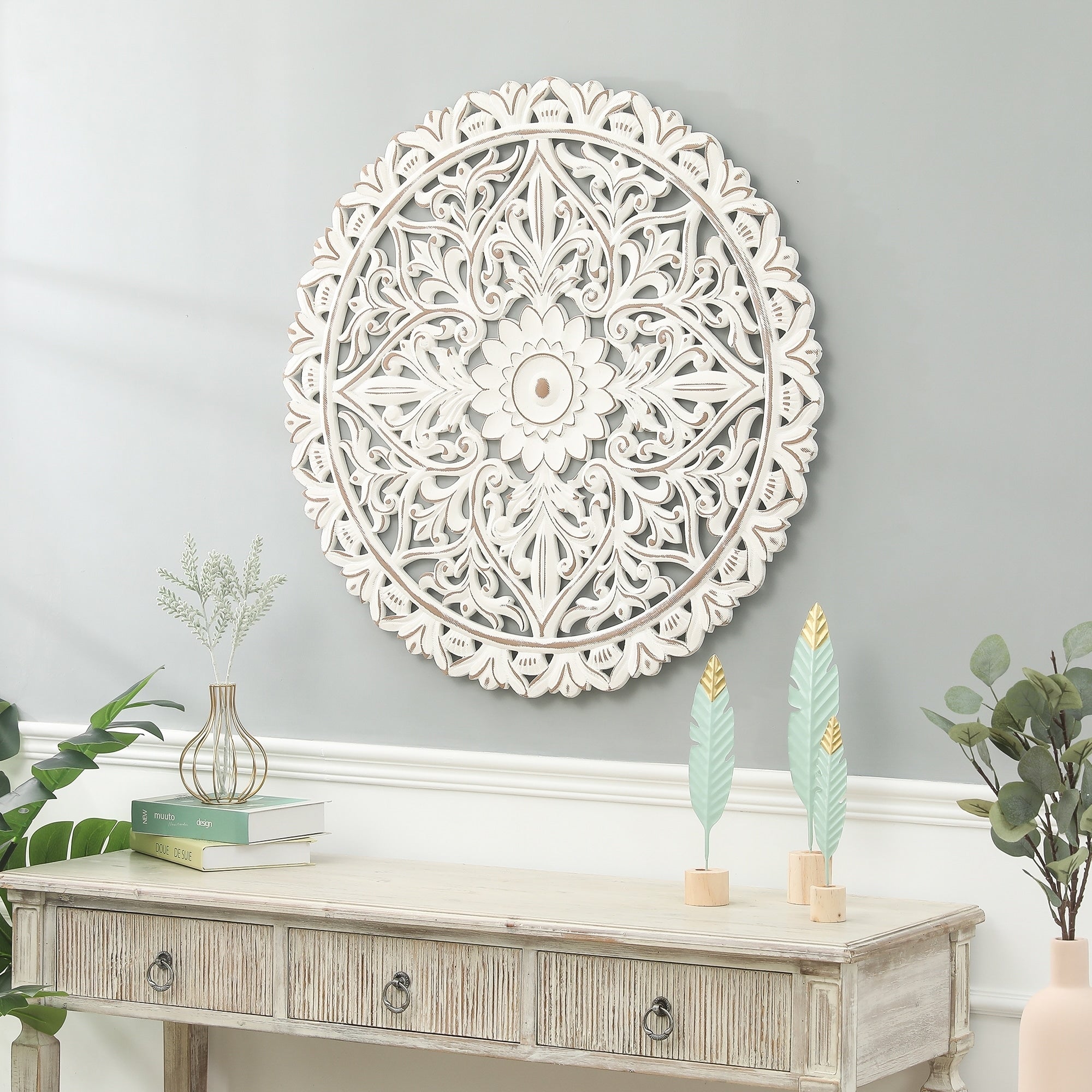 Distressed White Wood Flower Mandala 31.5 Round Wall Decor