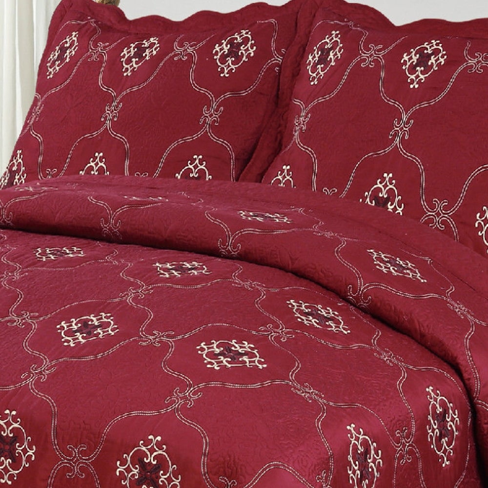 3Pcs Embroidery Quilts Bedspreads Set Coverlet Oversized King Burgundy