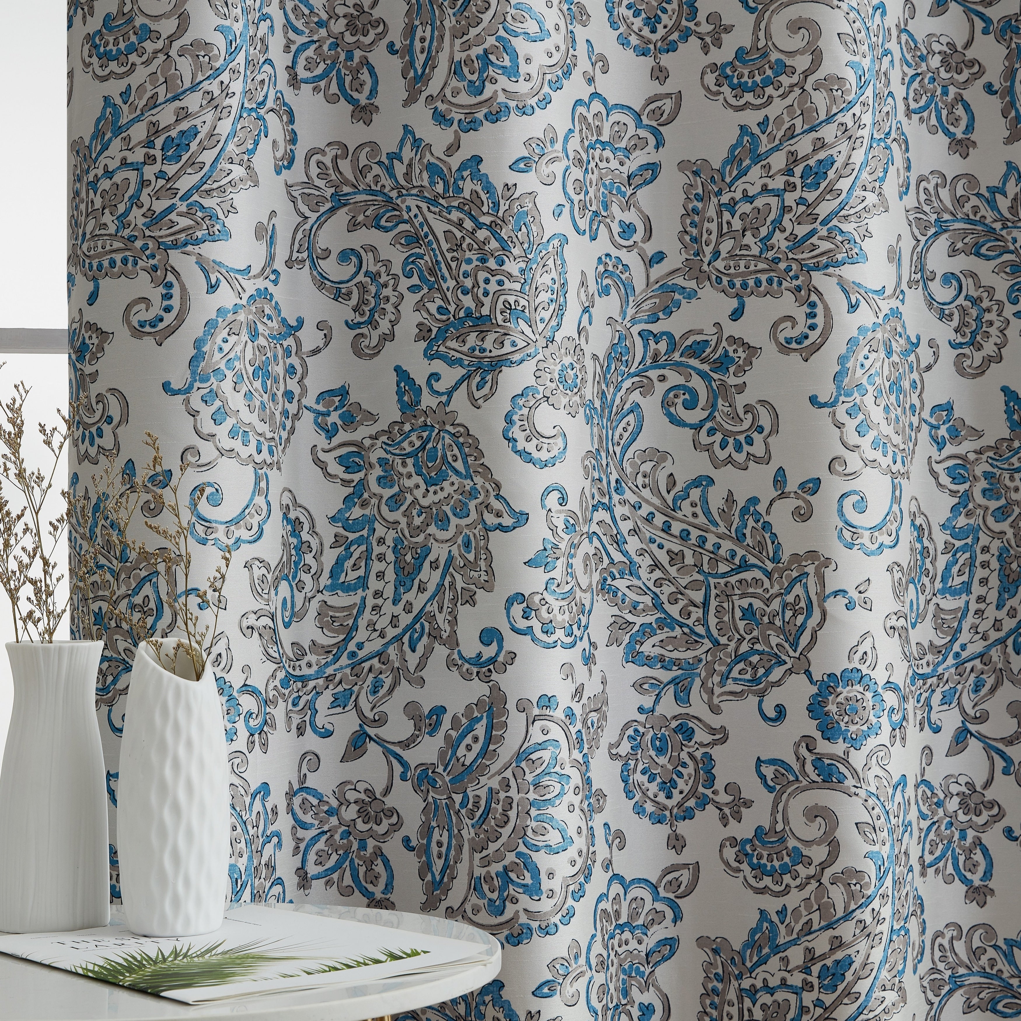 HLC.me Amalfi Paisley Faux Silk 100% Blackout Room Darkening Thermal Energy Efficient Curtain Grommet Panels, 2 Panels