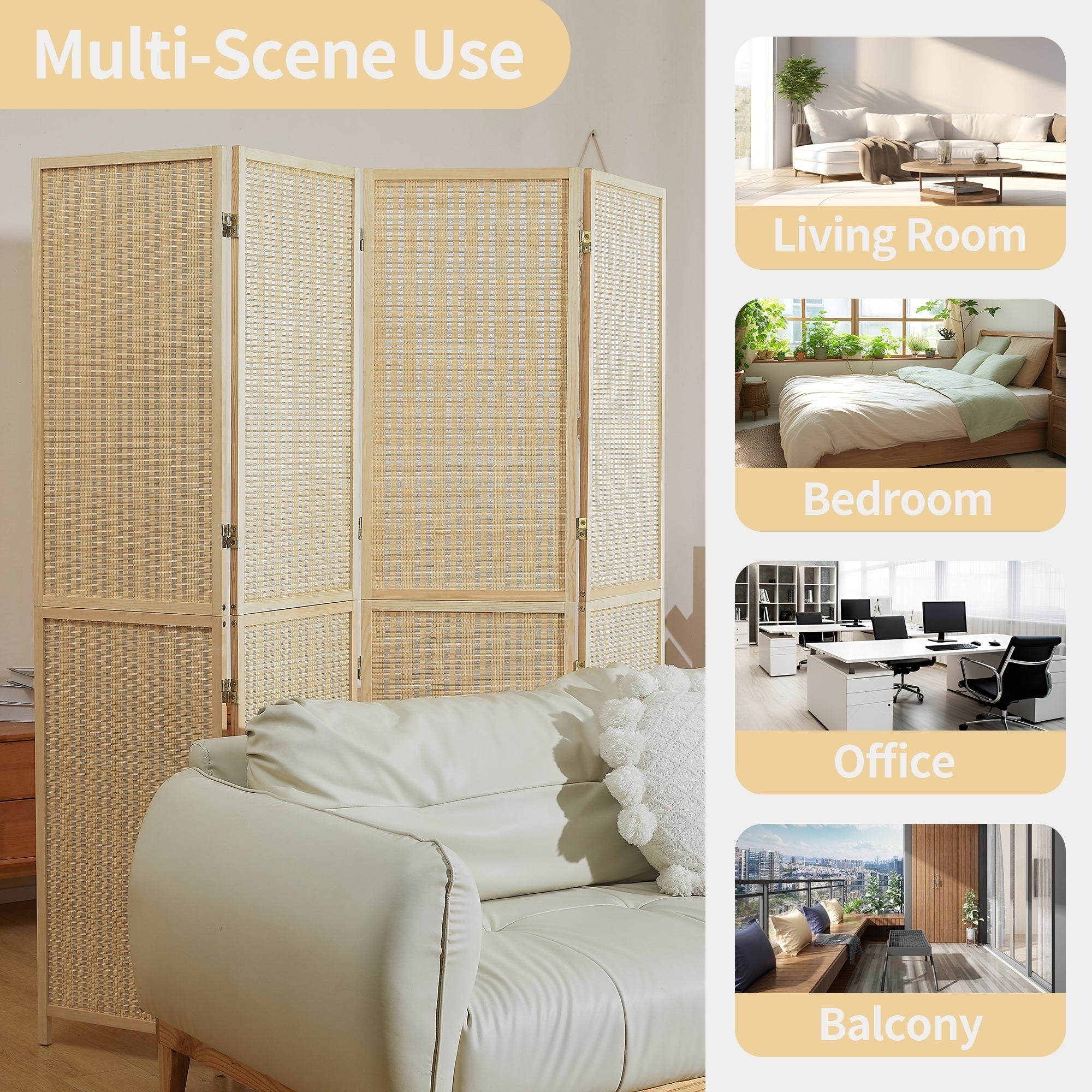 4/6 Panel Bamboo Room Divider 6 FT Detachable Wall Divider for Room Separation, Folding Privacy Screen